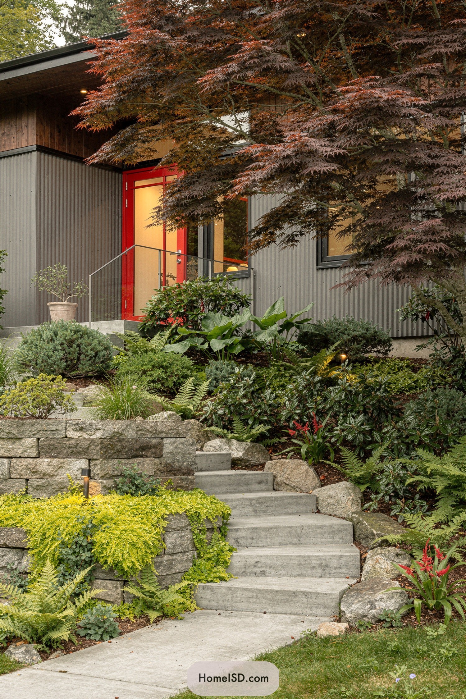 Modern gray home with maple-shaded terraced garden