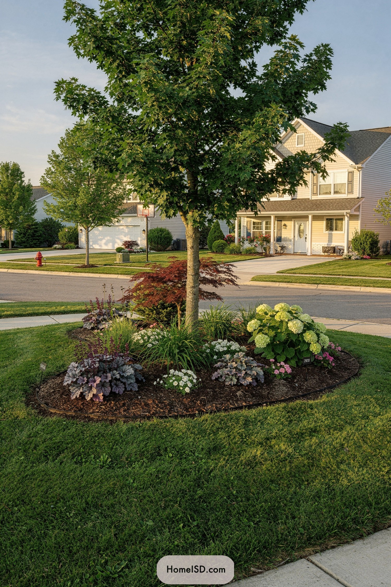 Street-side maple tree island with mixed flowers