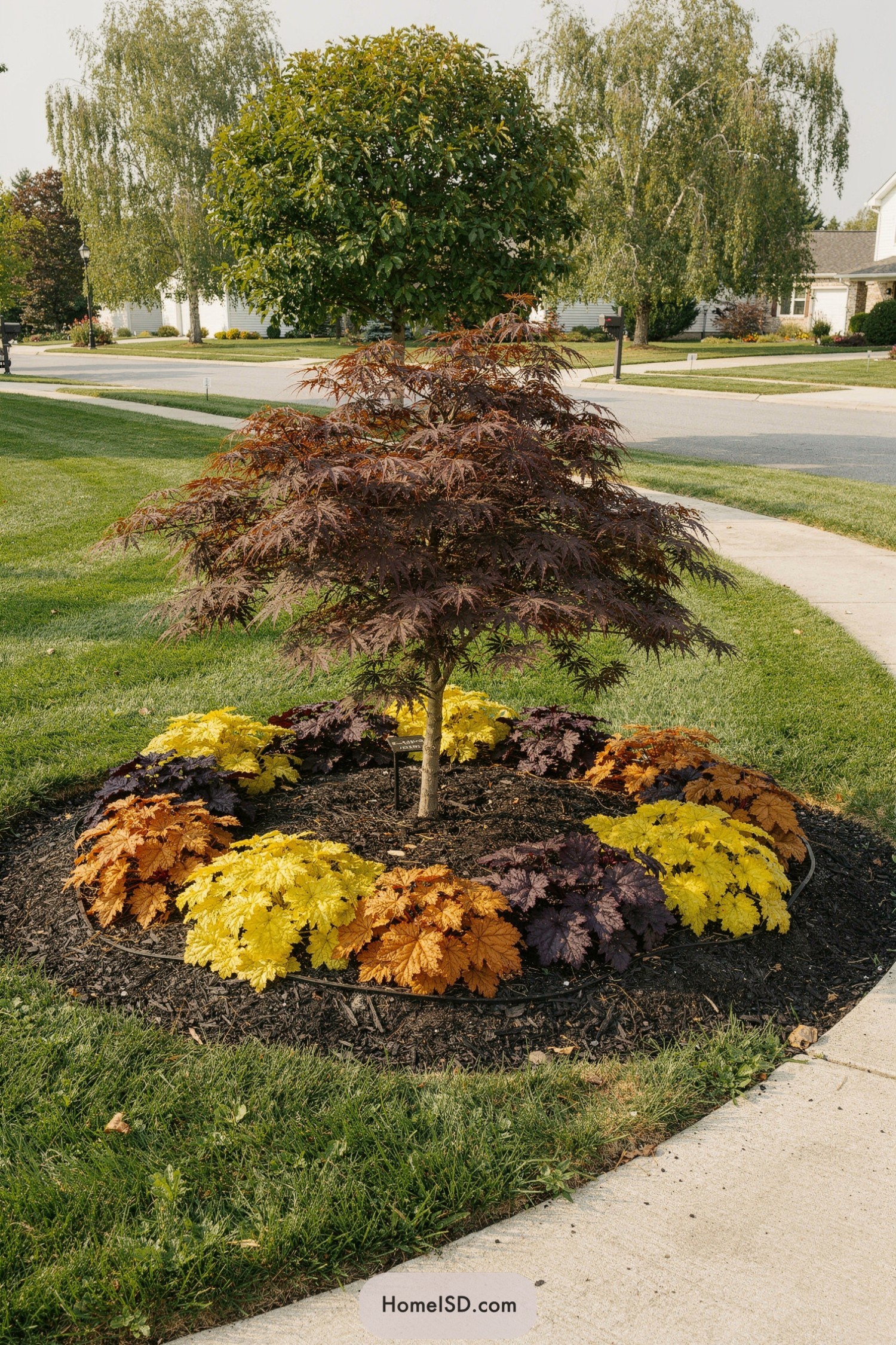 Small maple tree ringed by colorful foliage at a sunny curbside planting bed