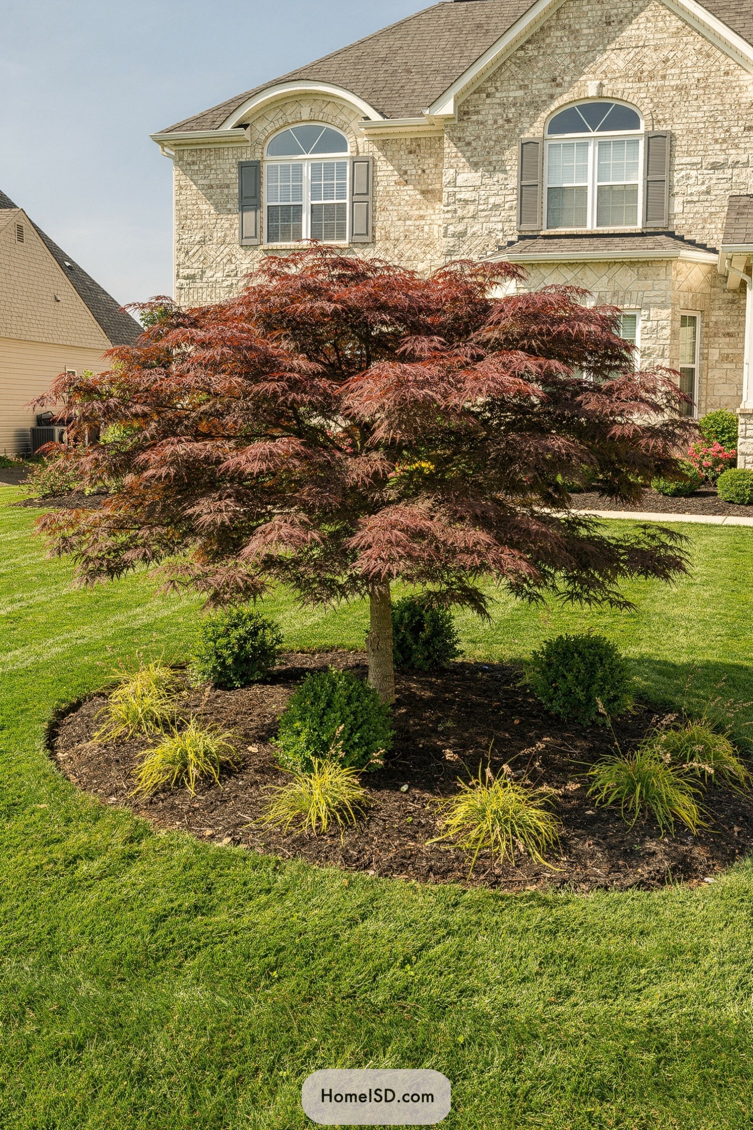 Japanese maple centered in a circular mulched bed with shrubs and grasses on a neatly manicured front lawn