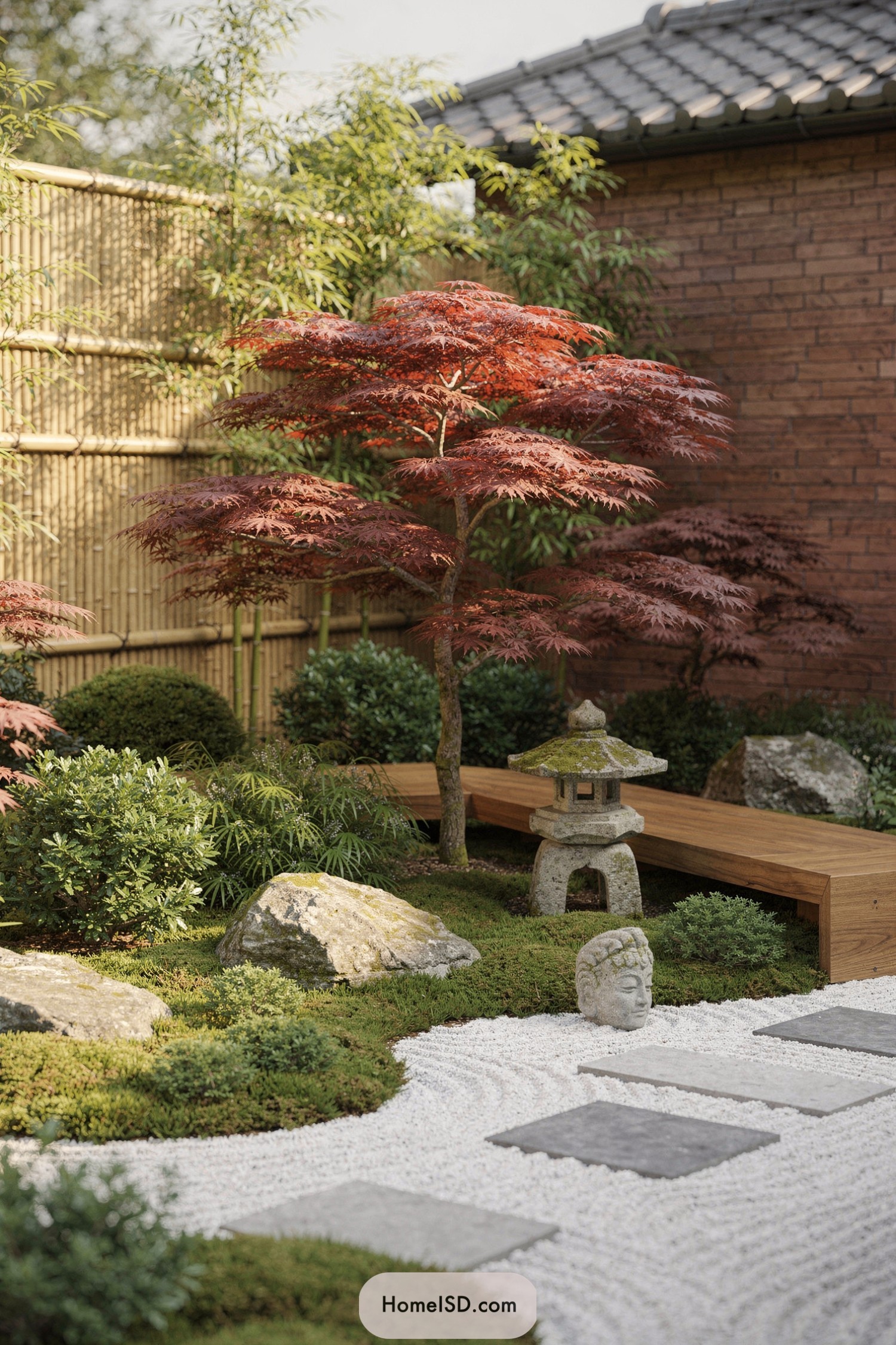 Red maple tree beside bamboo fence with stone lantern bench rocks and raked gravel path