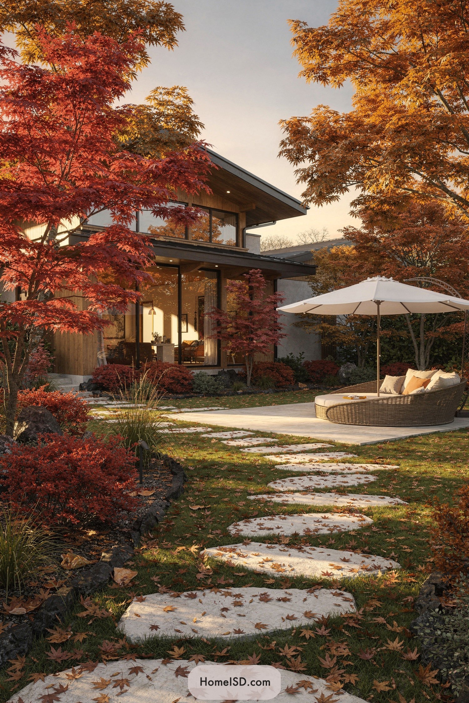 Modern house yard with red and orange maple trees, a curved stone path, and a wicker daybed under a white umbrella