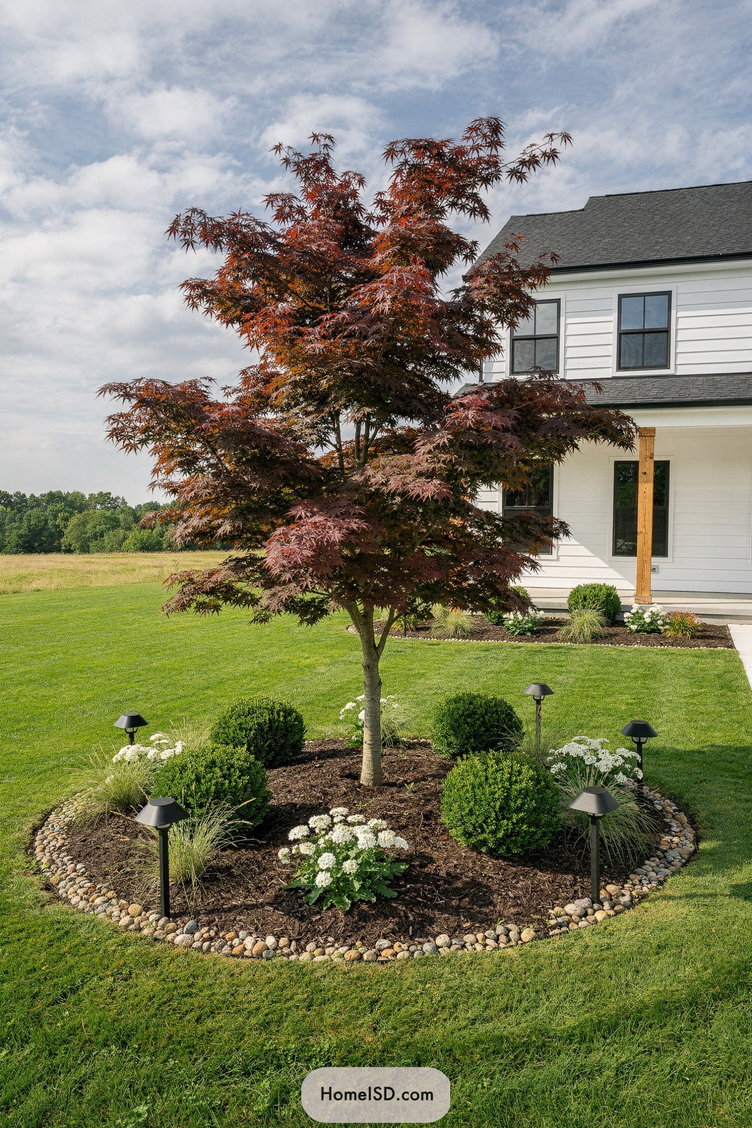 Red maple tree in a circular landscaped bed with shrubs, flowers, and path lights in a front yard