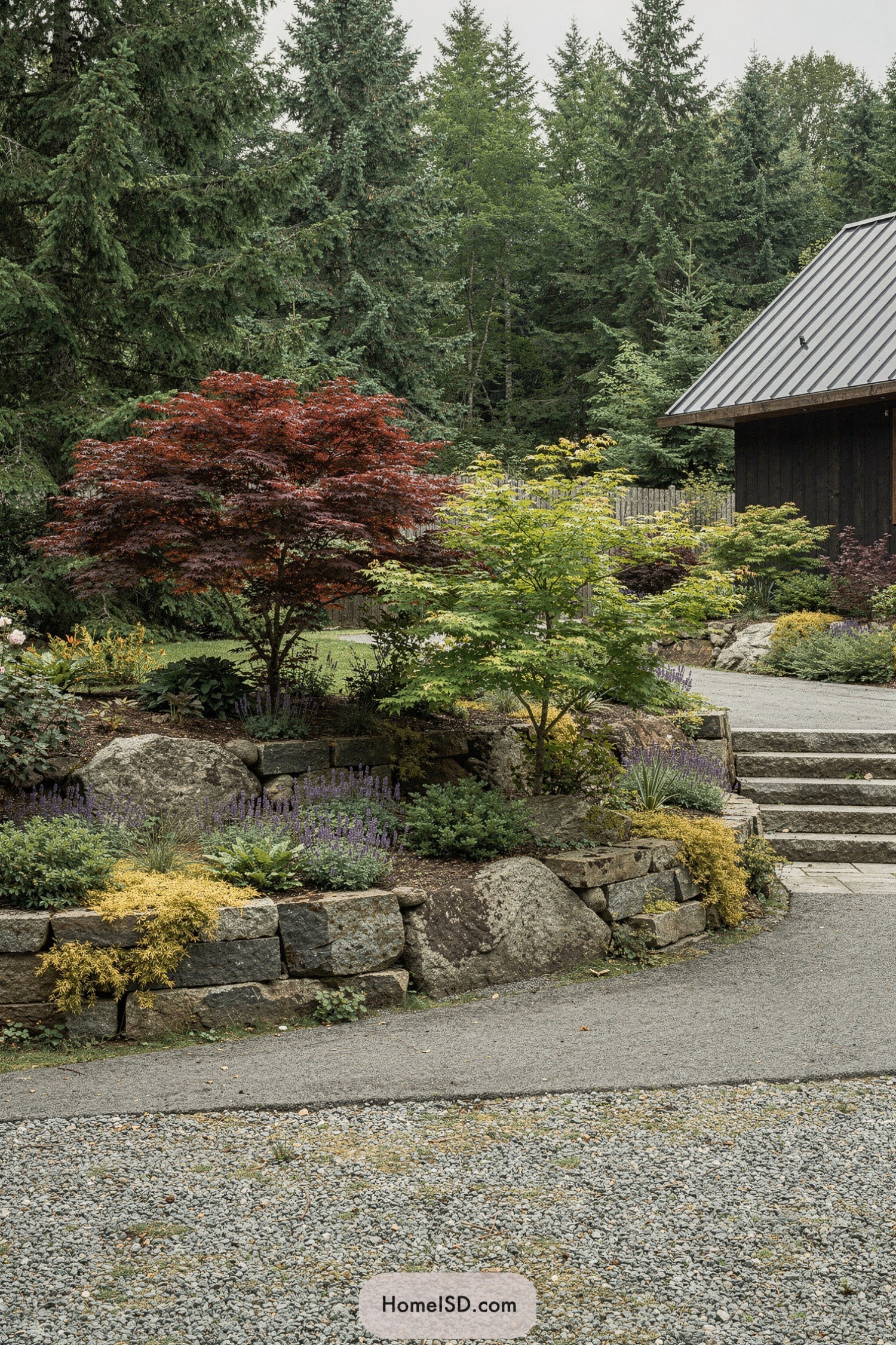 Tiered rock garden with red and green maples beside a gravel drive
