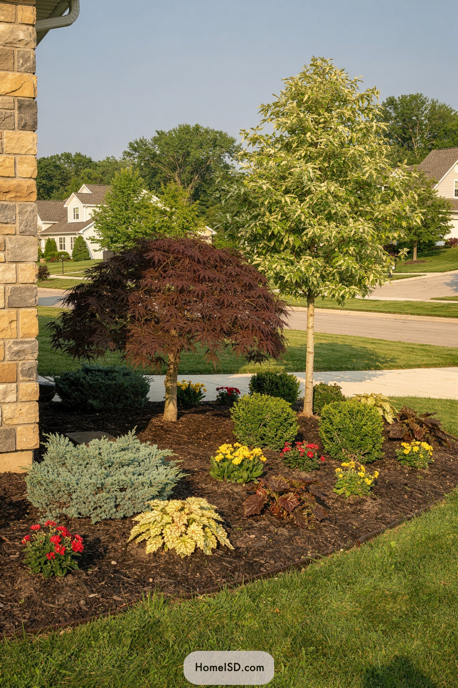 Front yard planting bed with Japanese maple, variegated maple, shrubs, and flowers along a stone house corner