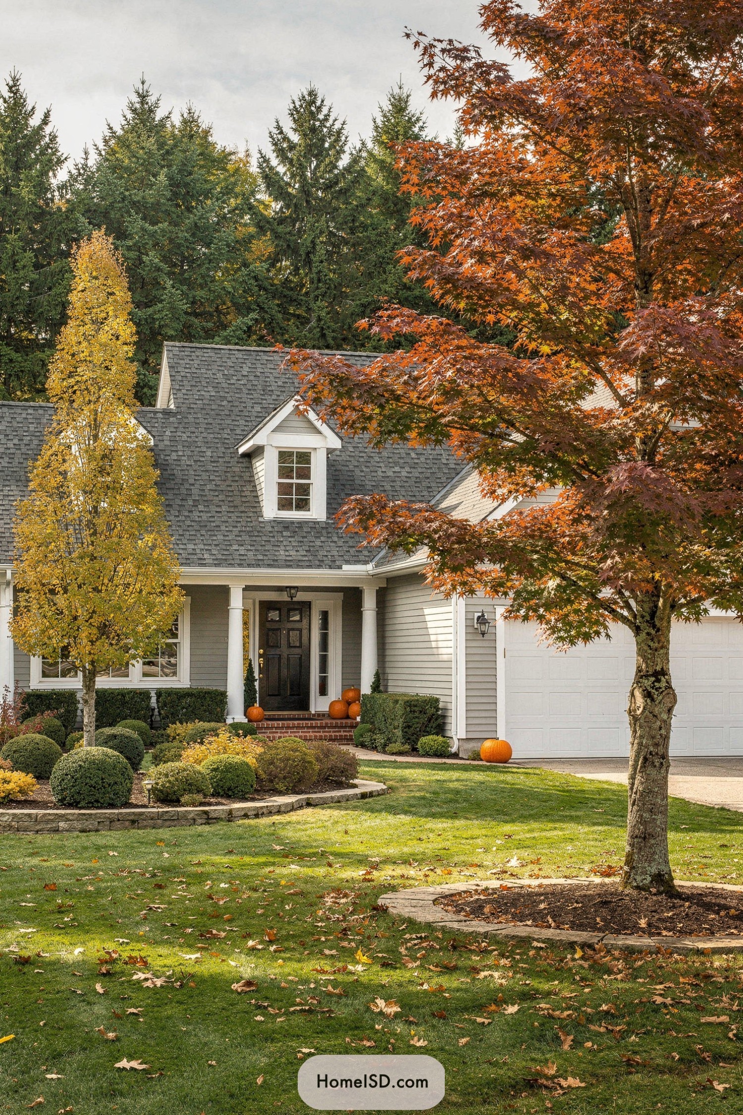 Suburban front yard with maple tree and fall decorations