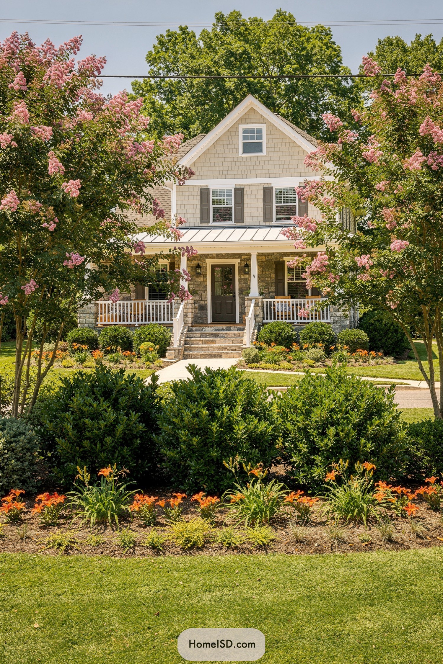 Two pink-flowering trees frame a traditional front porch and layered shrub beds with bright orange daylilies along the lawn edge. The house sits behind a symmetrical walkway, with lush green hedges and manicured grass completing the welcoming entry