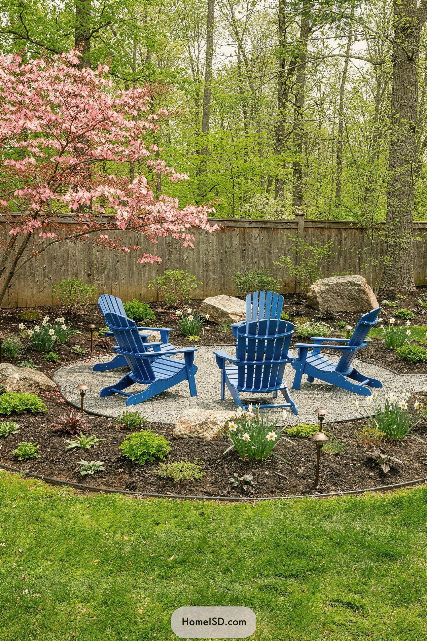 Circular gravel patio with blue Adirondack chairs beneath a blooming pink tree in a wooded backyard