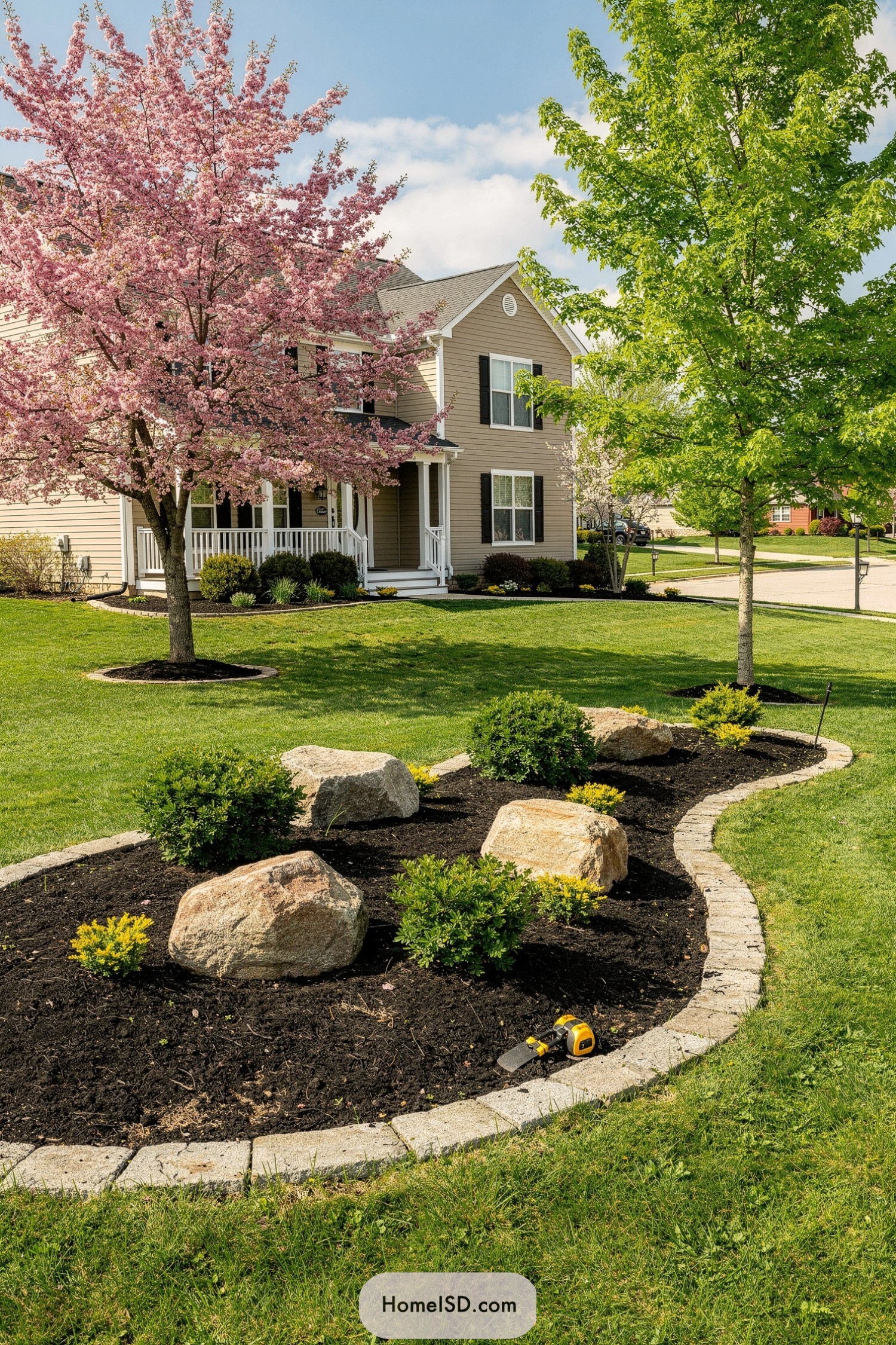 Suburban front yard with pink blossom tree and curved rock garden bed