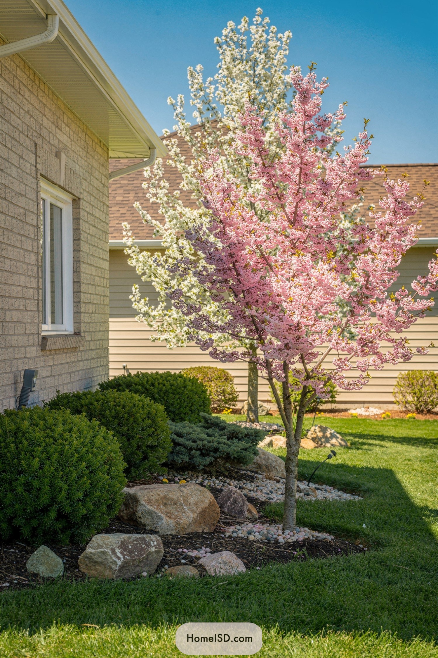 Pink flowering tree beside shrubs and rocks