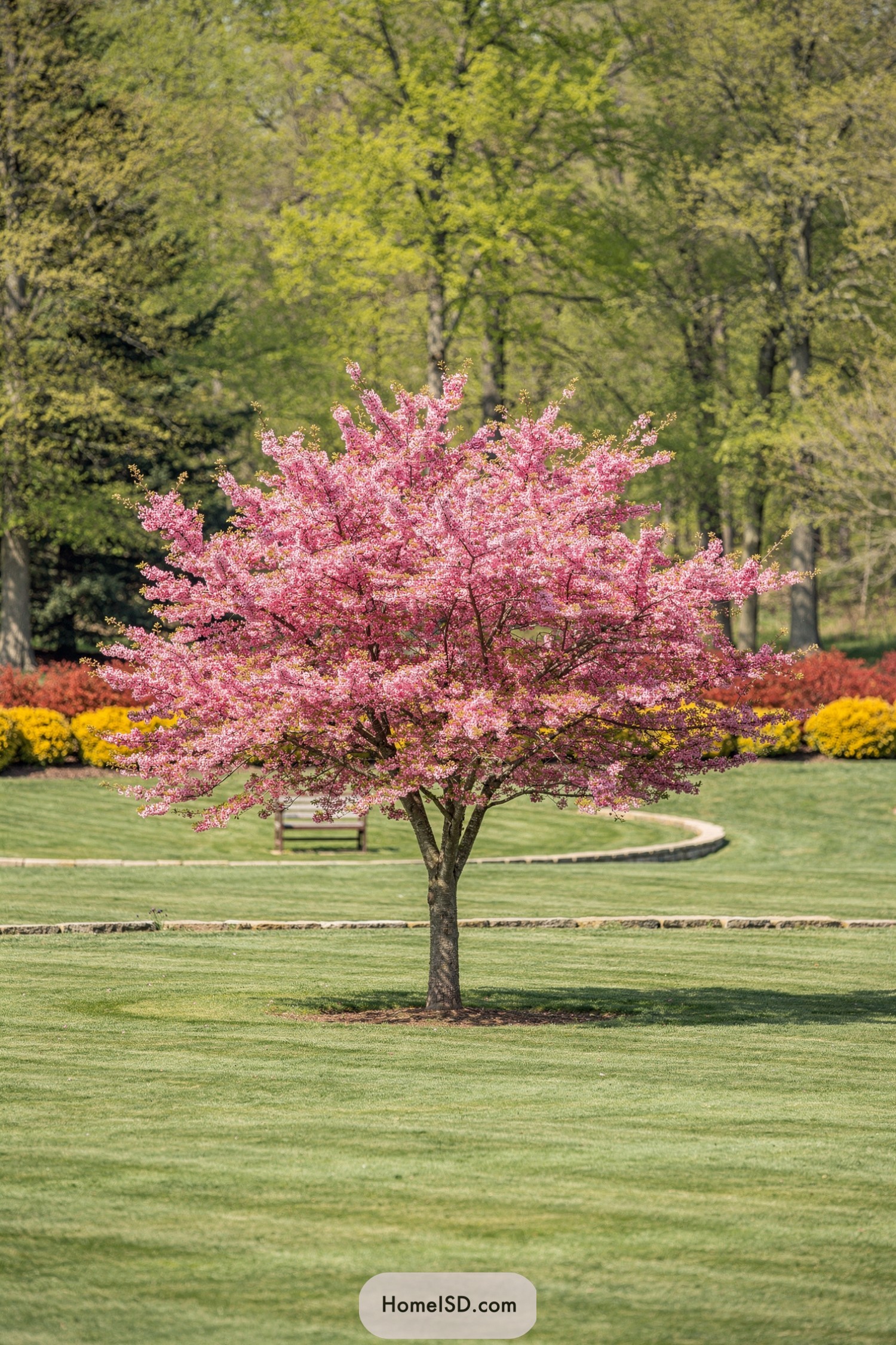 Single pink flowering tree on manicured lawn