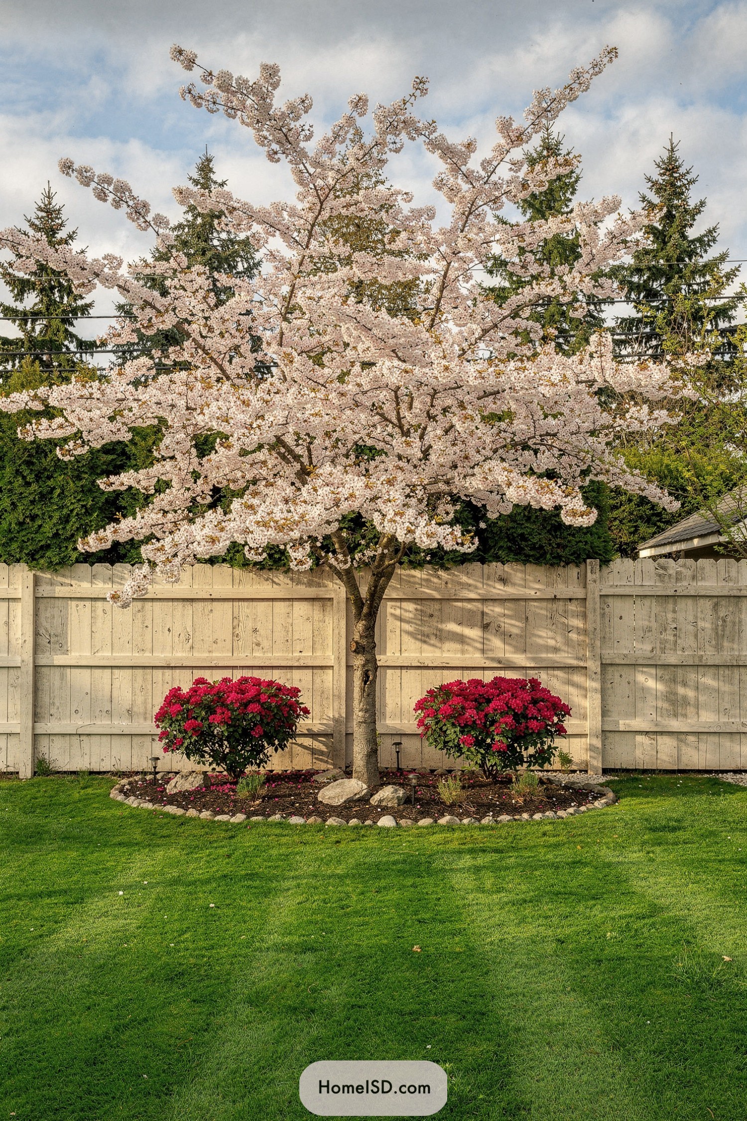 Cherry tree with pink blooms centered in manicured backyard