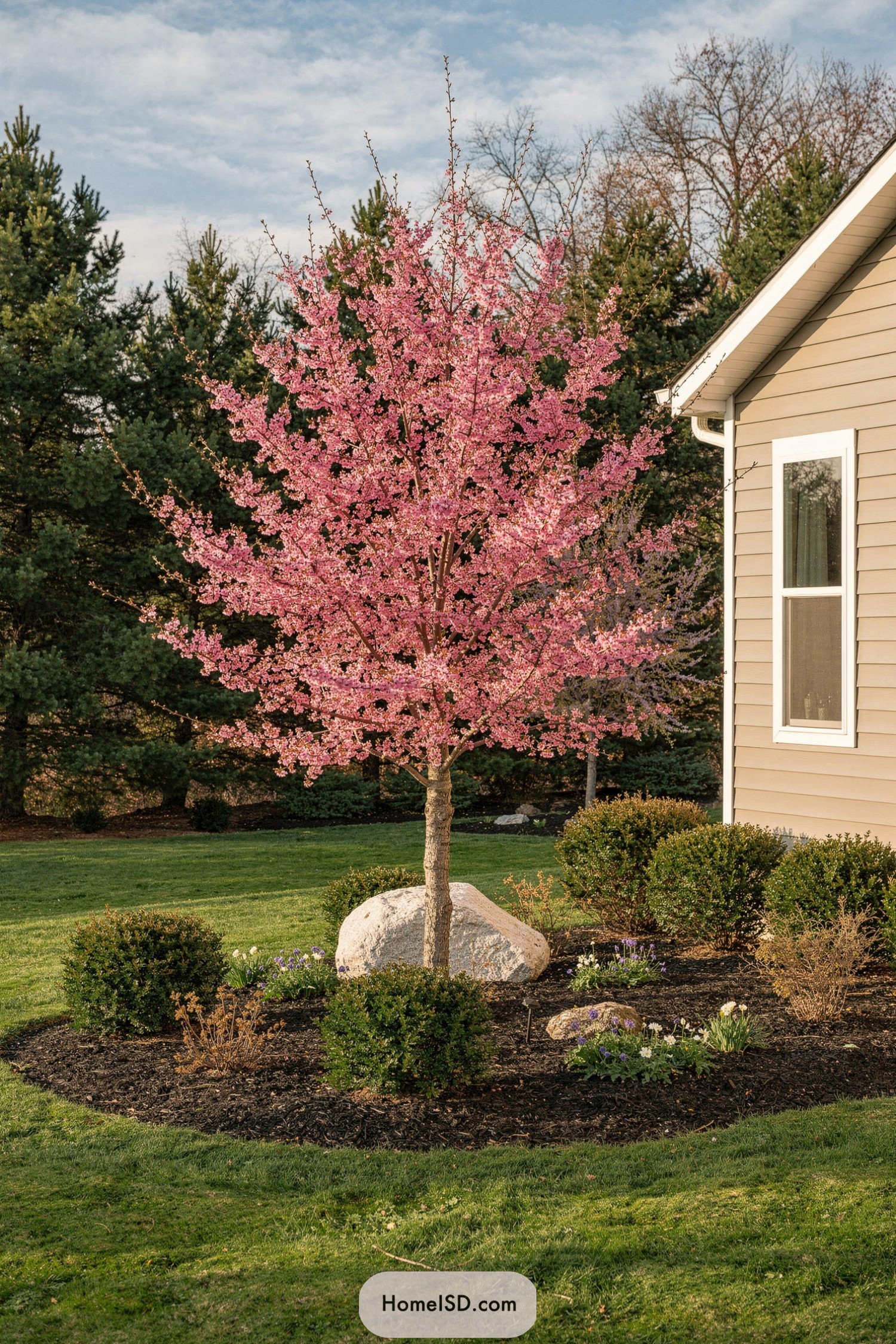 Small pink flowering tree in mulched bed beside a house with shrubs and a large decorative rock