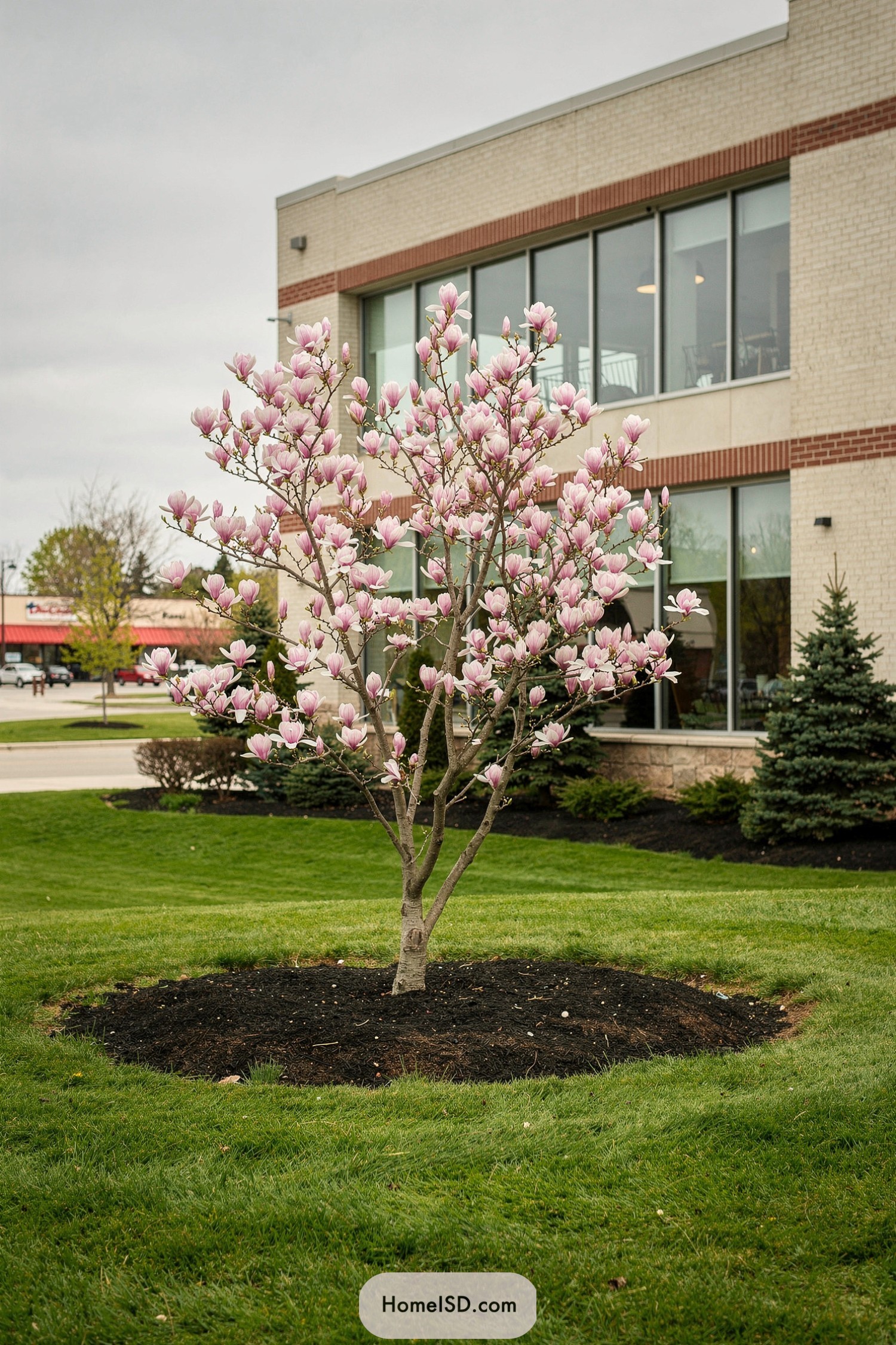 Young pink magnolia tree centered in a neatly edged lawn bed beside a modern brick office building