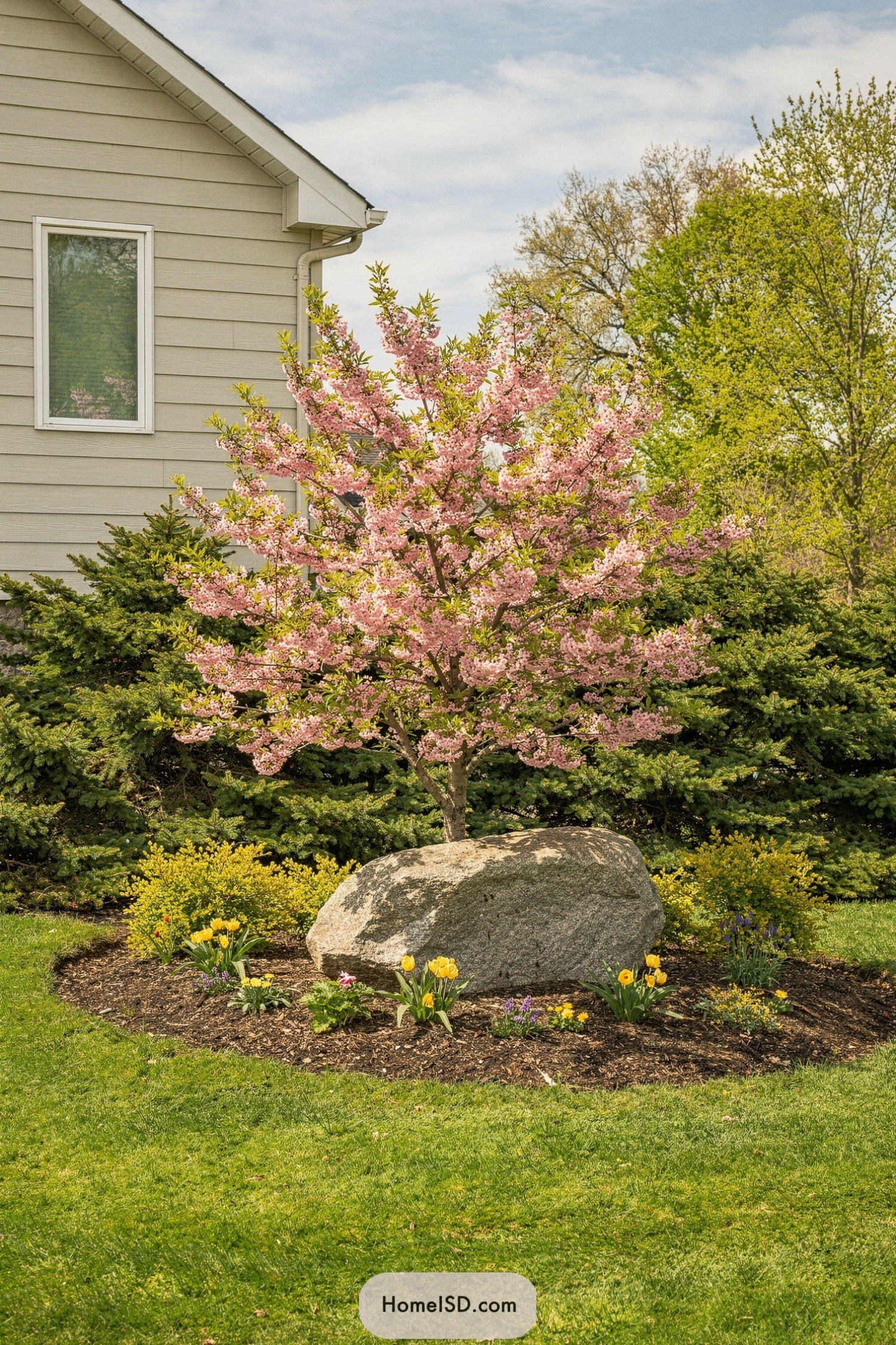 Pink flowering tree rising from a boulder-centered flower bed beside a house