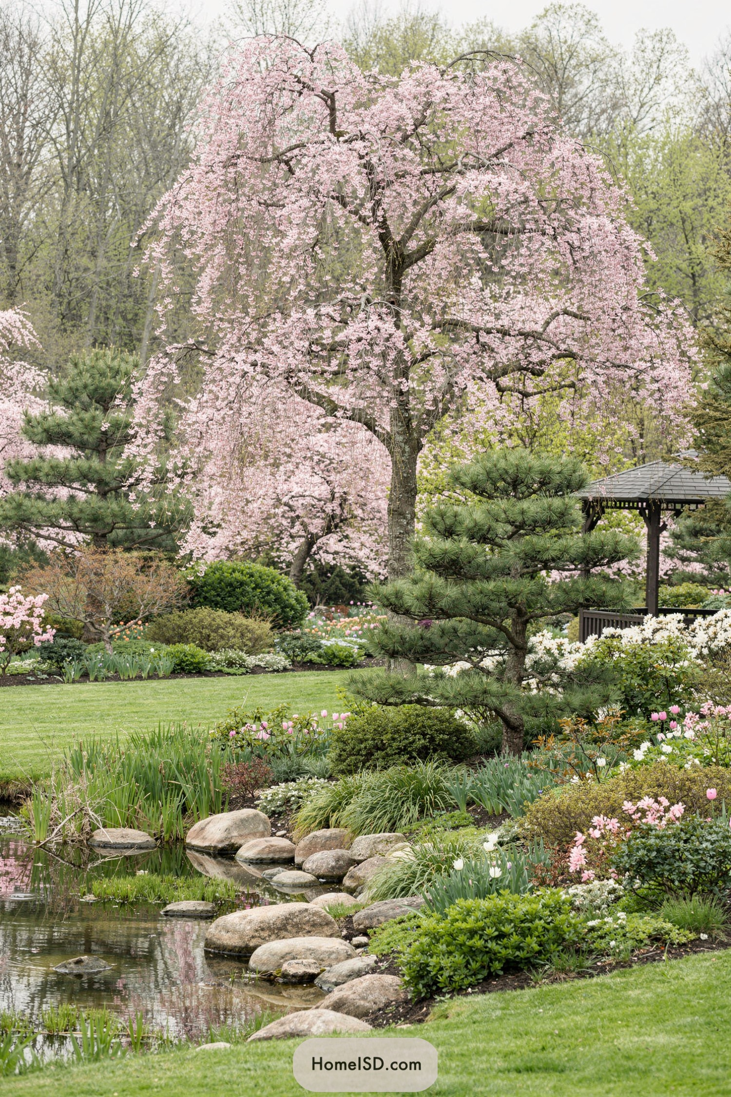 Pink cherry trees over a landscaped pond