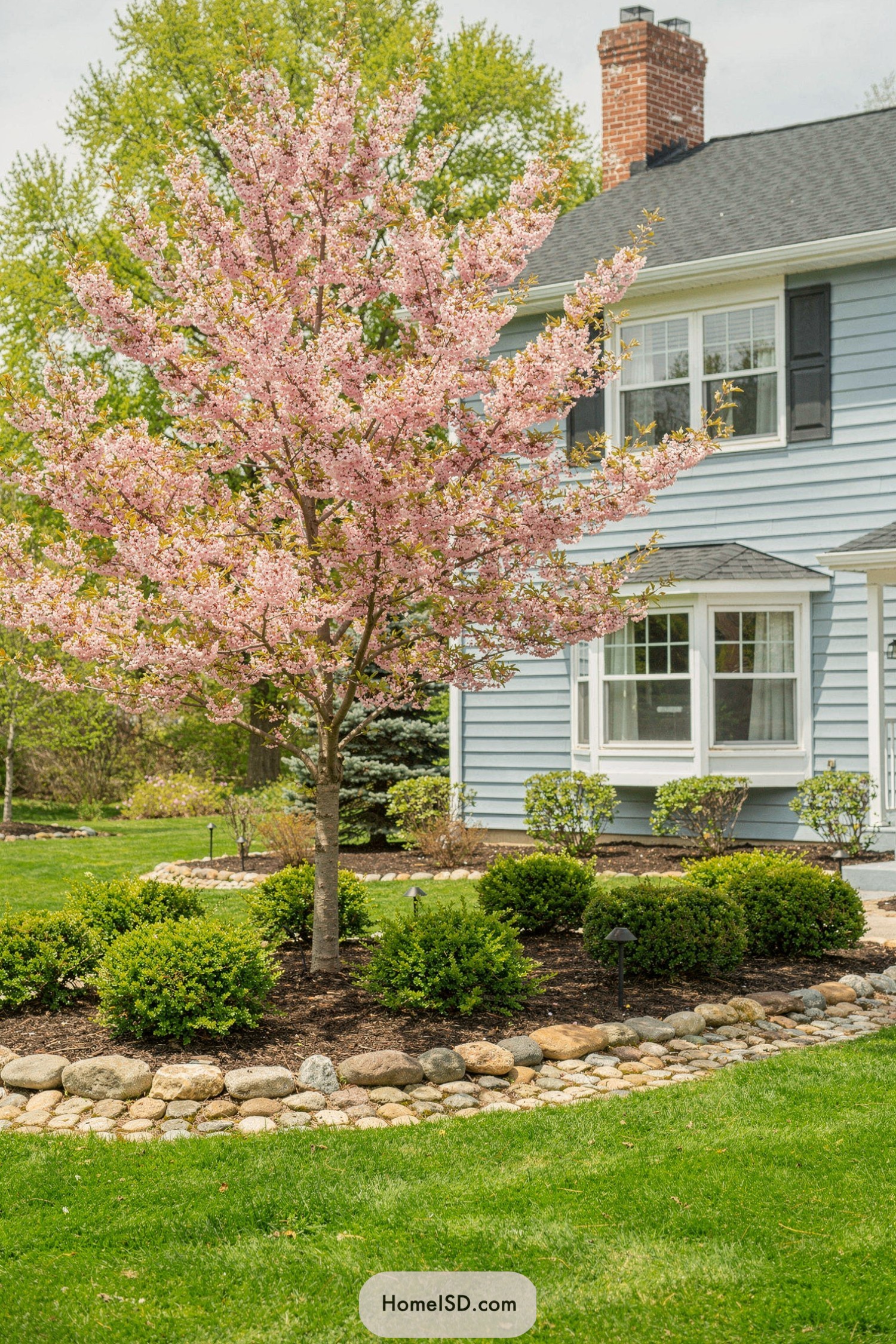Pink flowering tree in landscaped suburban front yard