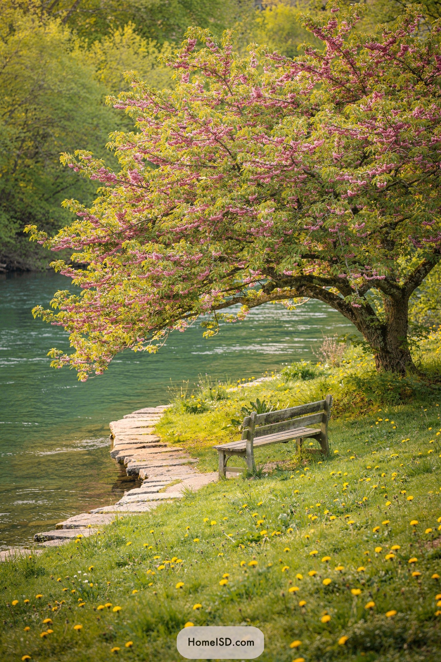 Wooden bench beneath pink-blossomed tree by a river