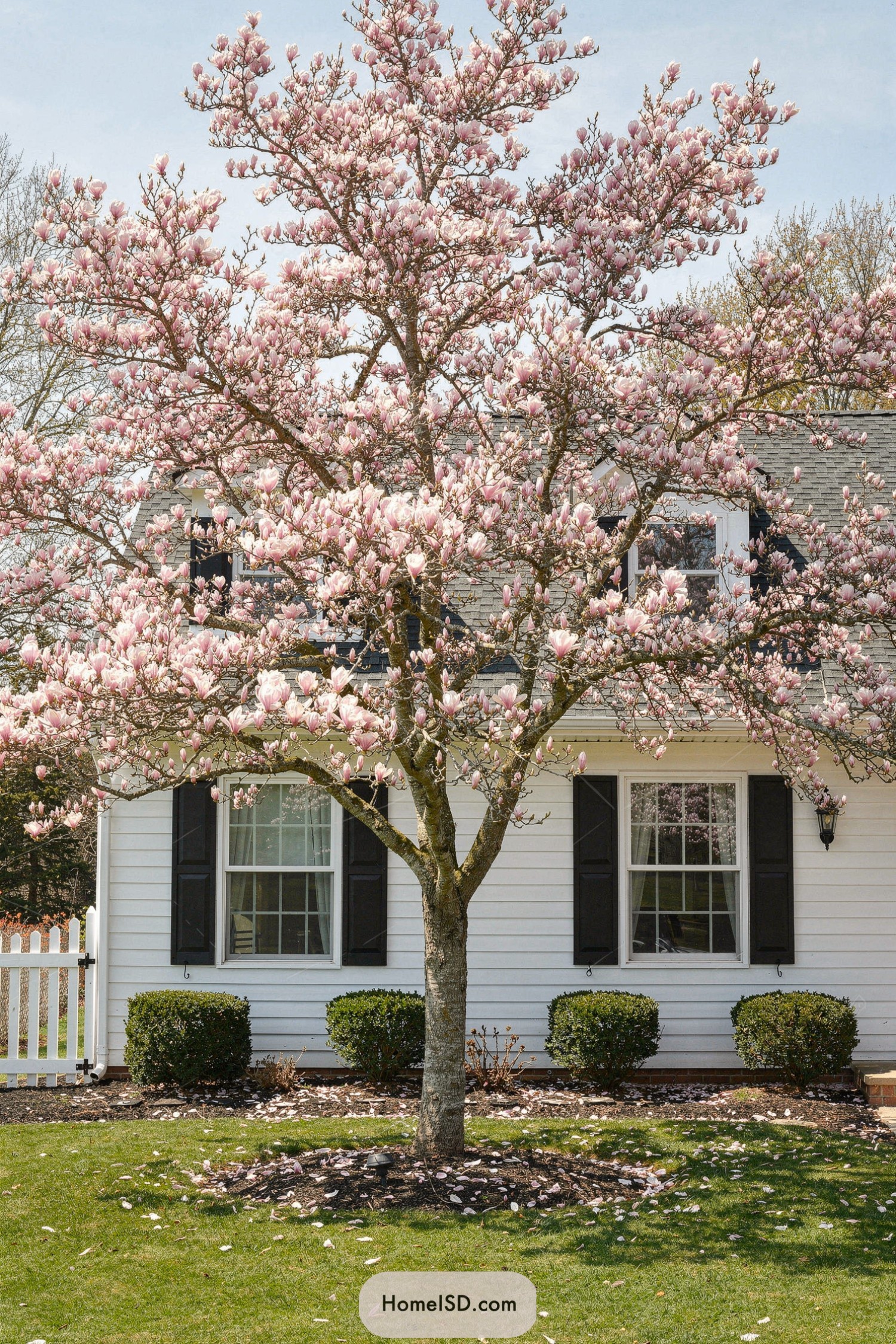 Pink magnolia tree blooming before white house