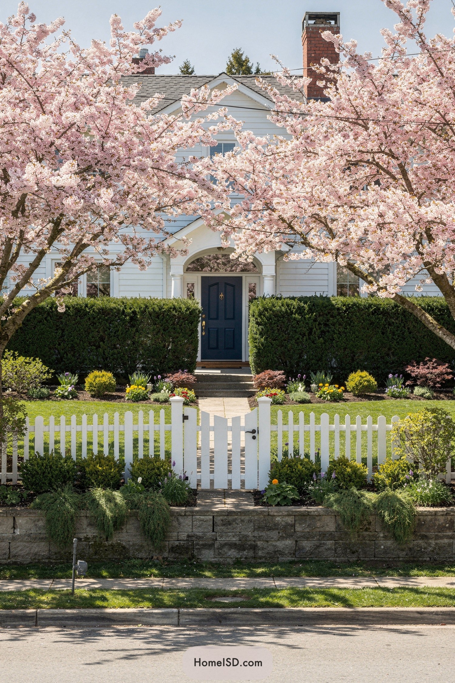 Front yard with blooming pink trees framing a white house and picket fence