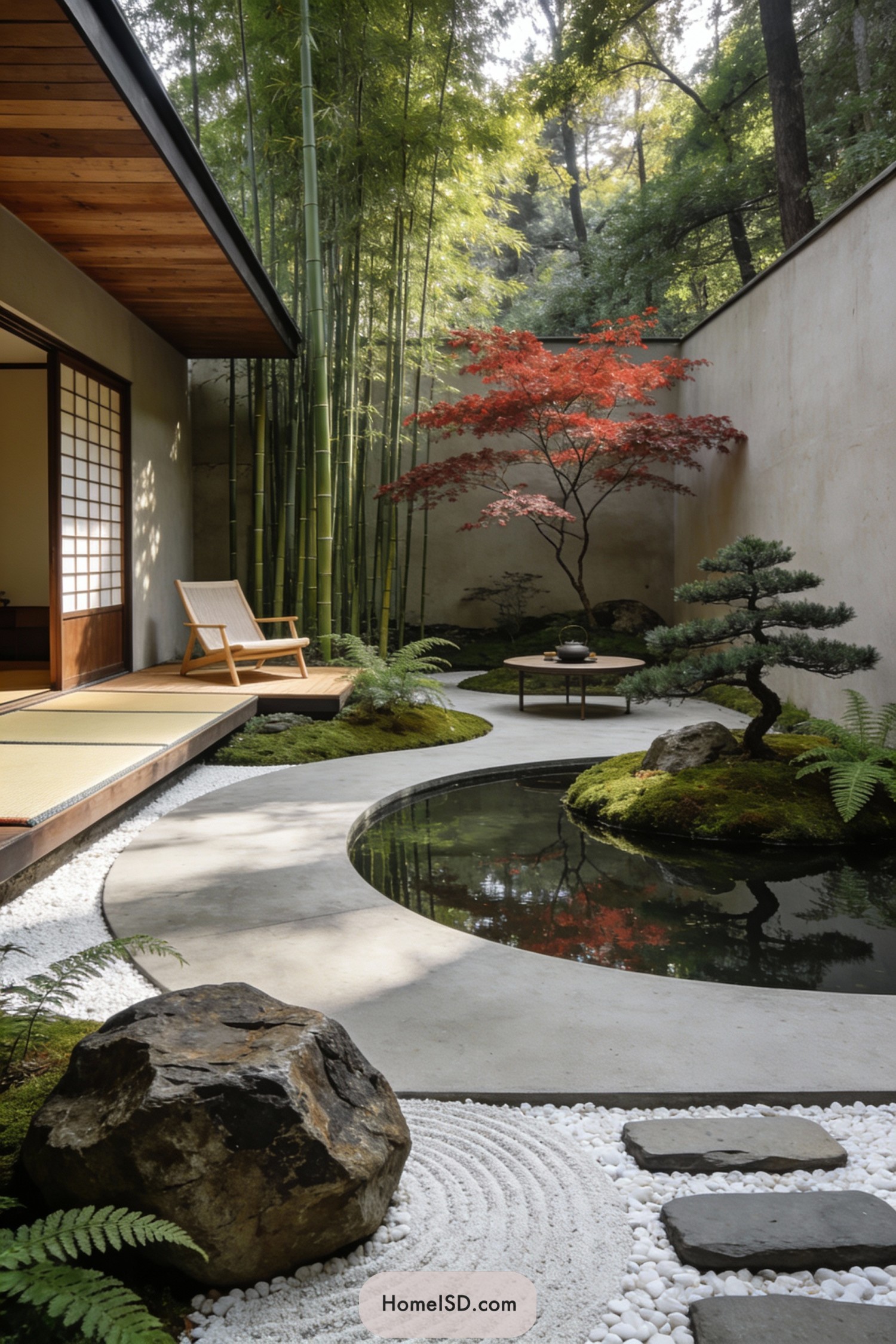 Modern zen courtyard with pond bamboo and maple tree