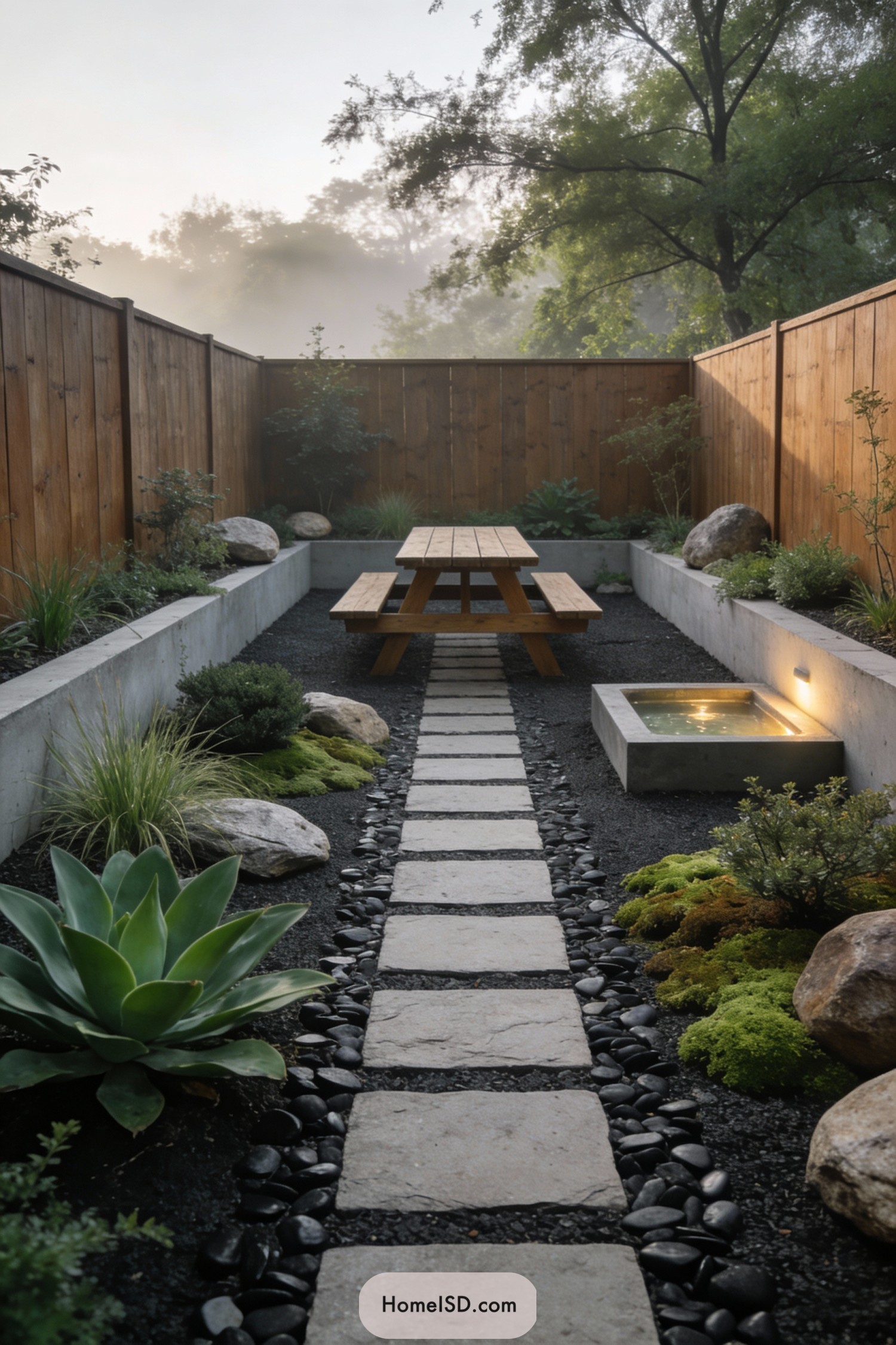 Narrow zen courtyard with stepping stone path leading to a wooden picnic table, surrounded by black gravel, sculpted plants, boulders, and a small illuminated water feature
