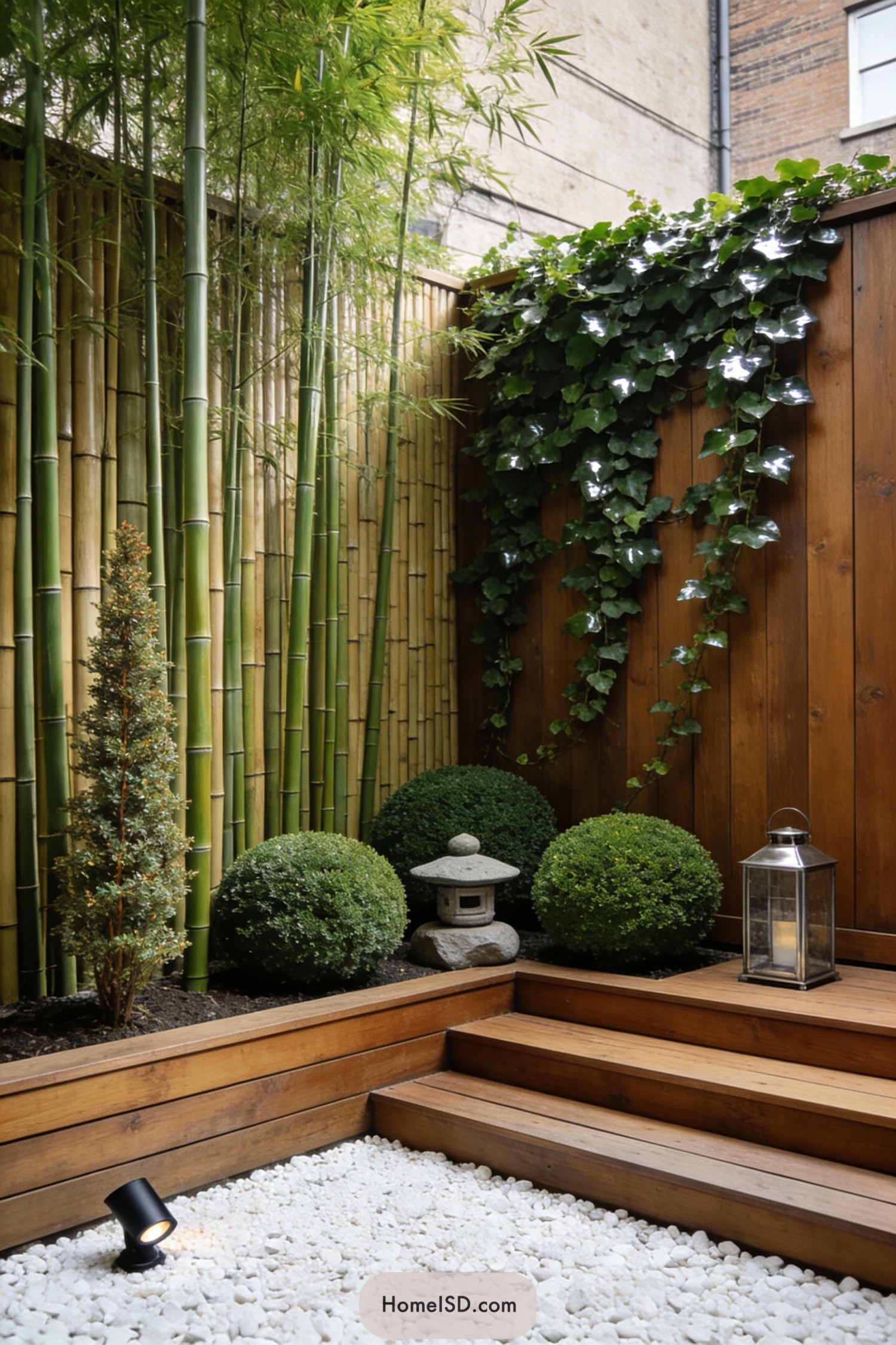 Compact zen courtyard with bamboo, wood steps, clipped shrubs, and lantern accents