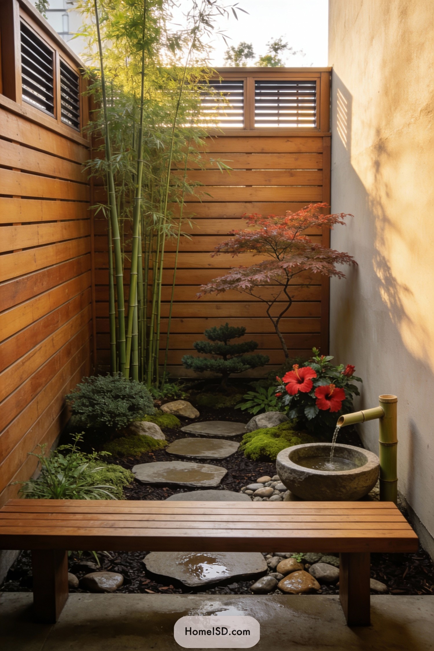Narrow zen courtyard with bamboo, stepping stones, and a bamboo fountain beside a bench