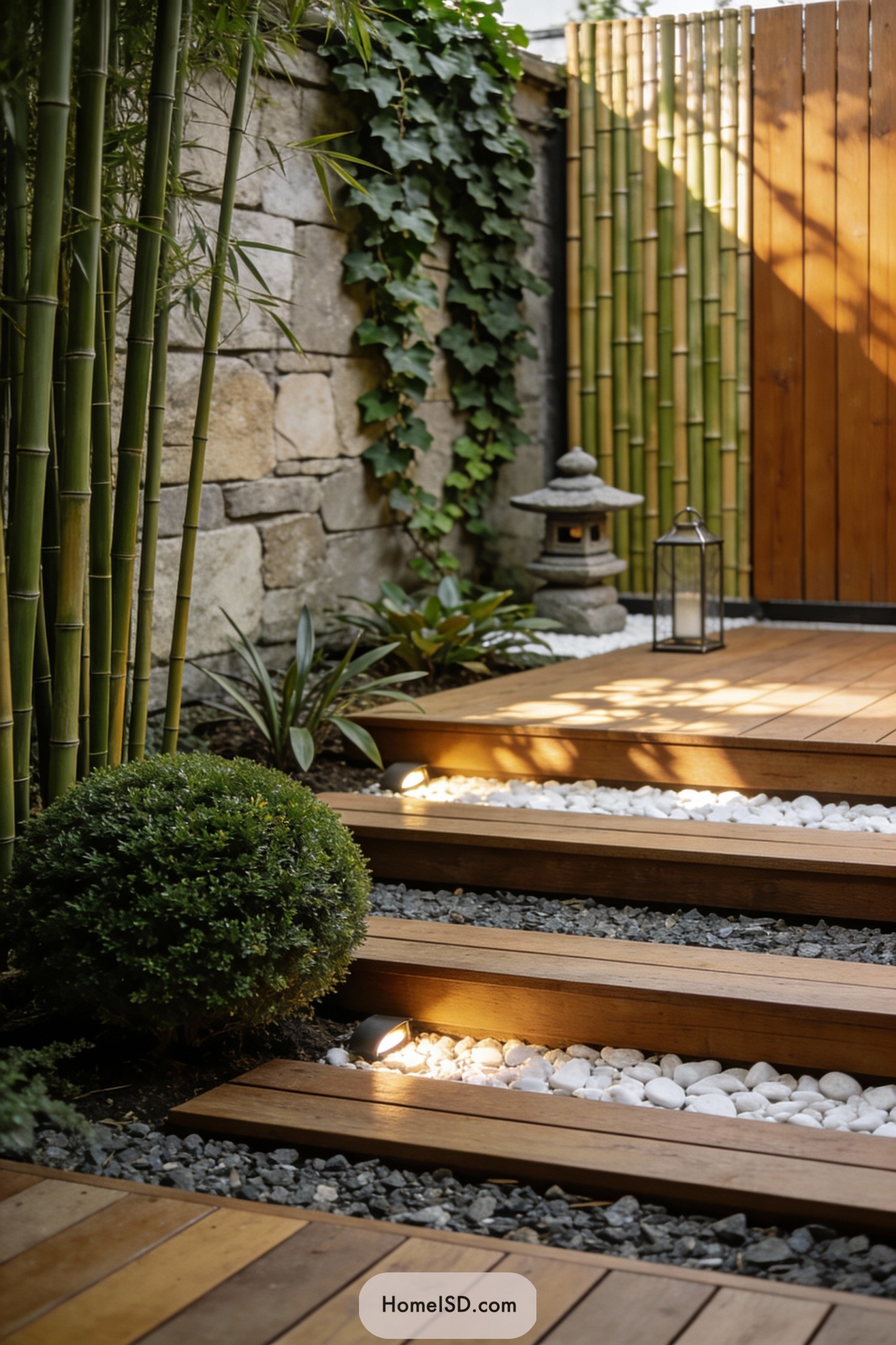 Zen garden with wooden steps bamboo and stone lantern