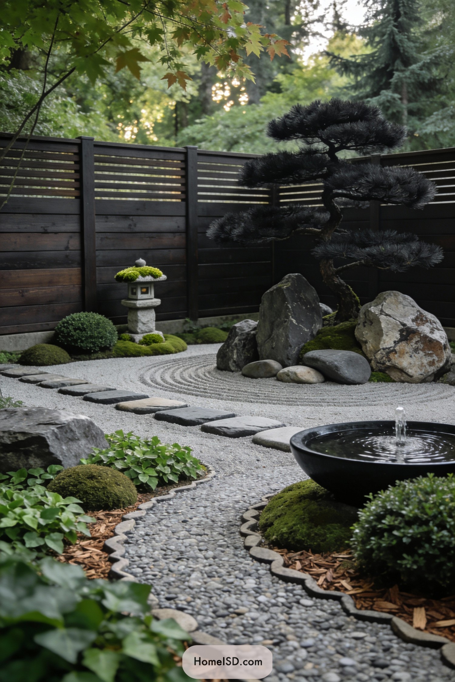 Compact zen yard with sculpted pine, raked gravel, and a small water basin fountain