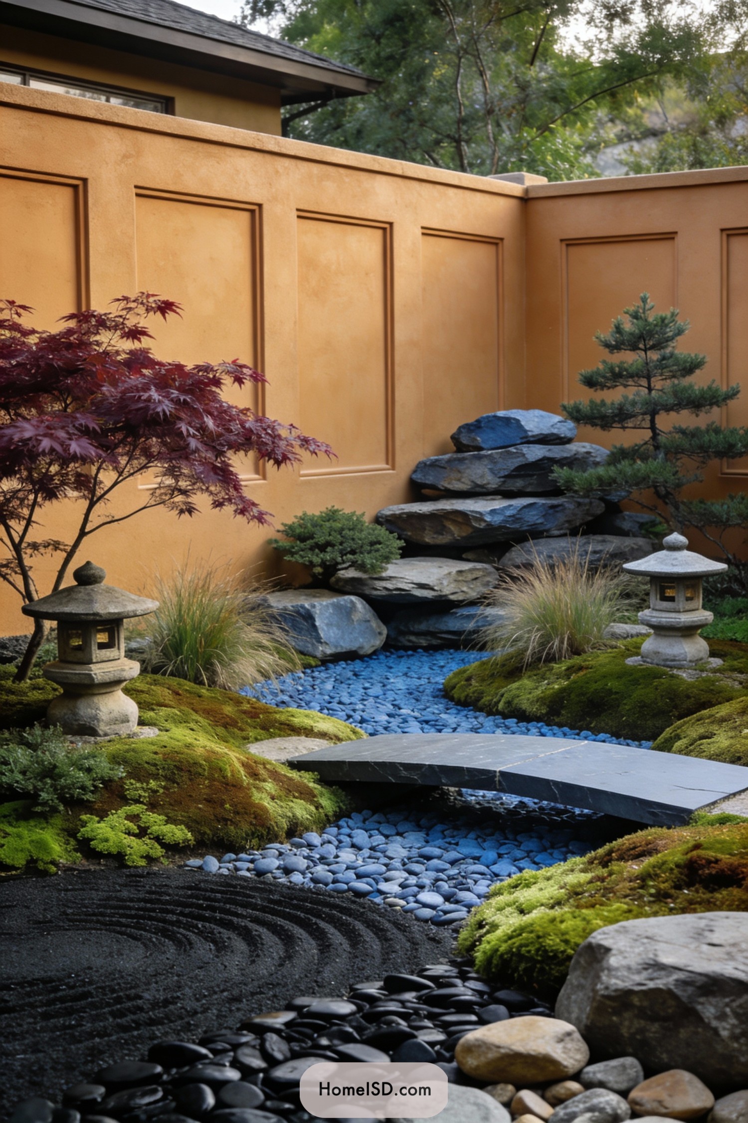Compact walled zen garden with blue pebble stream, stone bridge, moss mounds, and lanterns