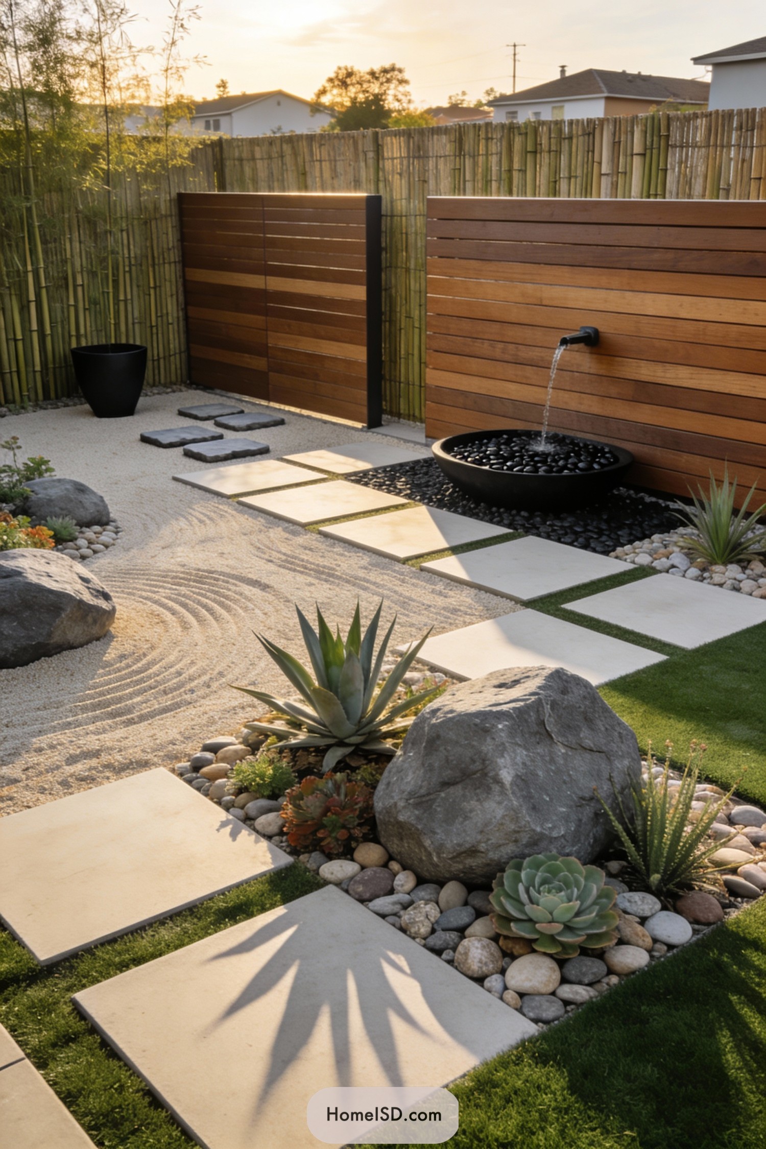 Modern zen yard with sand, flat pavers, rocks, succulents, and a wall fountain