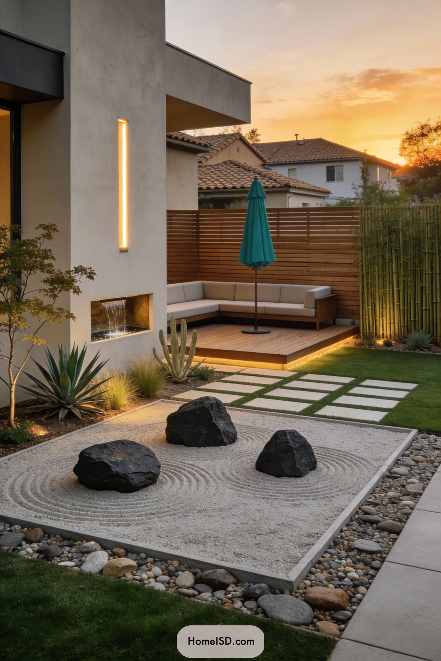 Modern backyard zen garden with seating