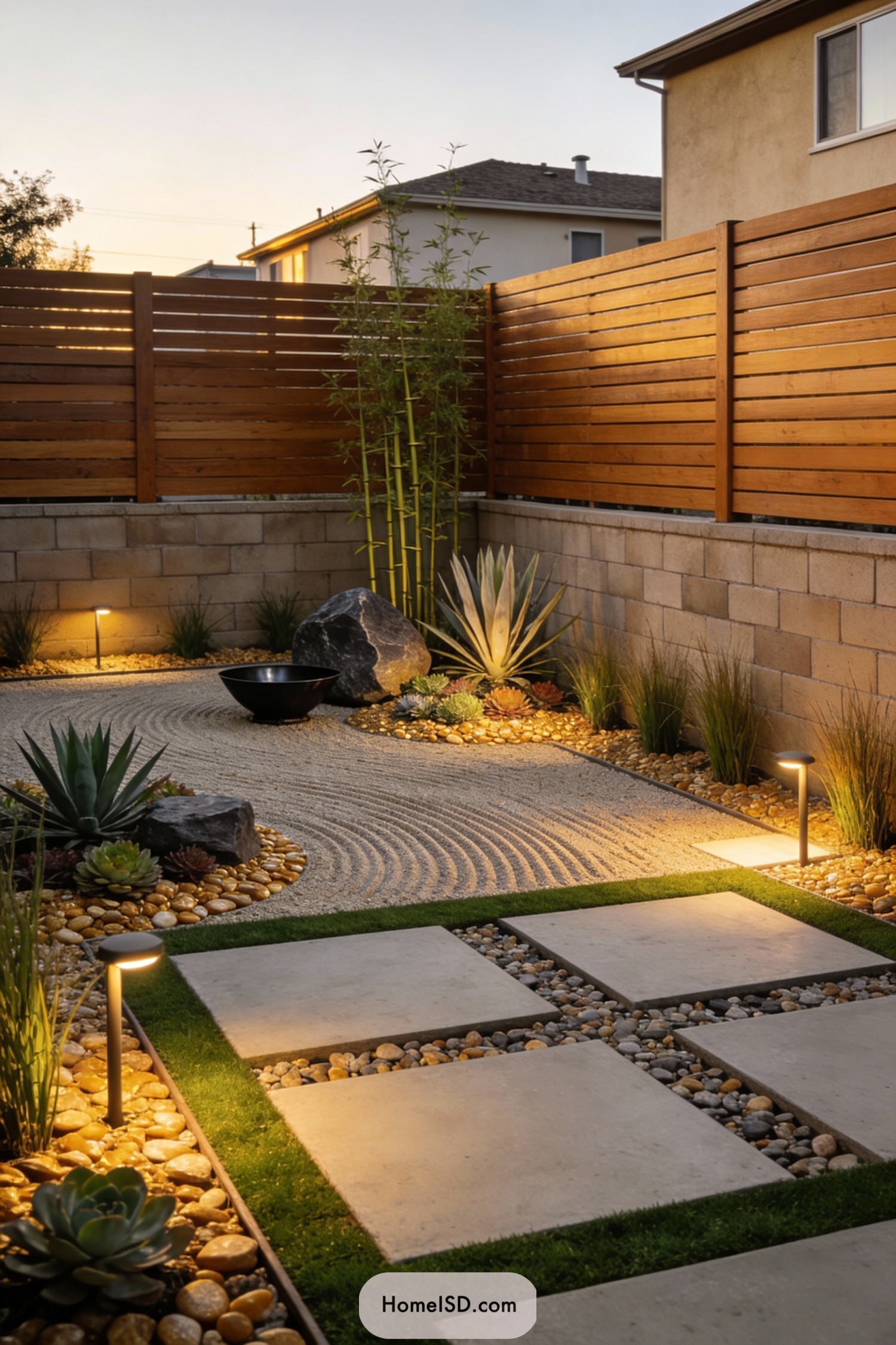 Modern backyard zen garden with raked gravel, stones, succulents, and warm lighting