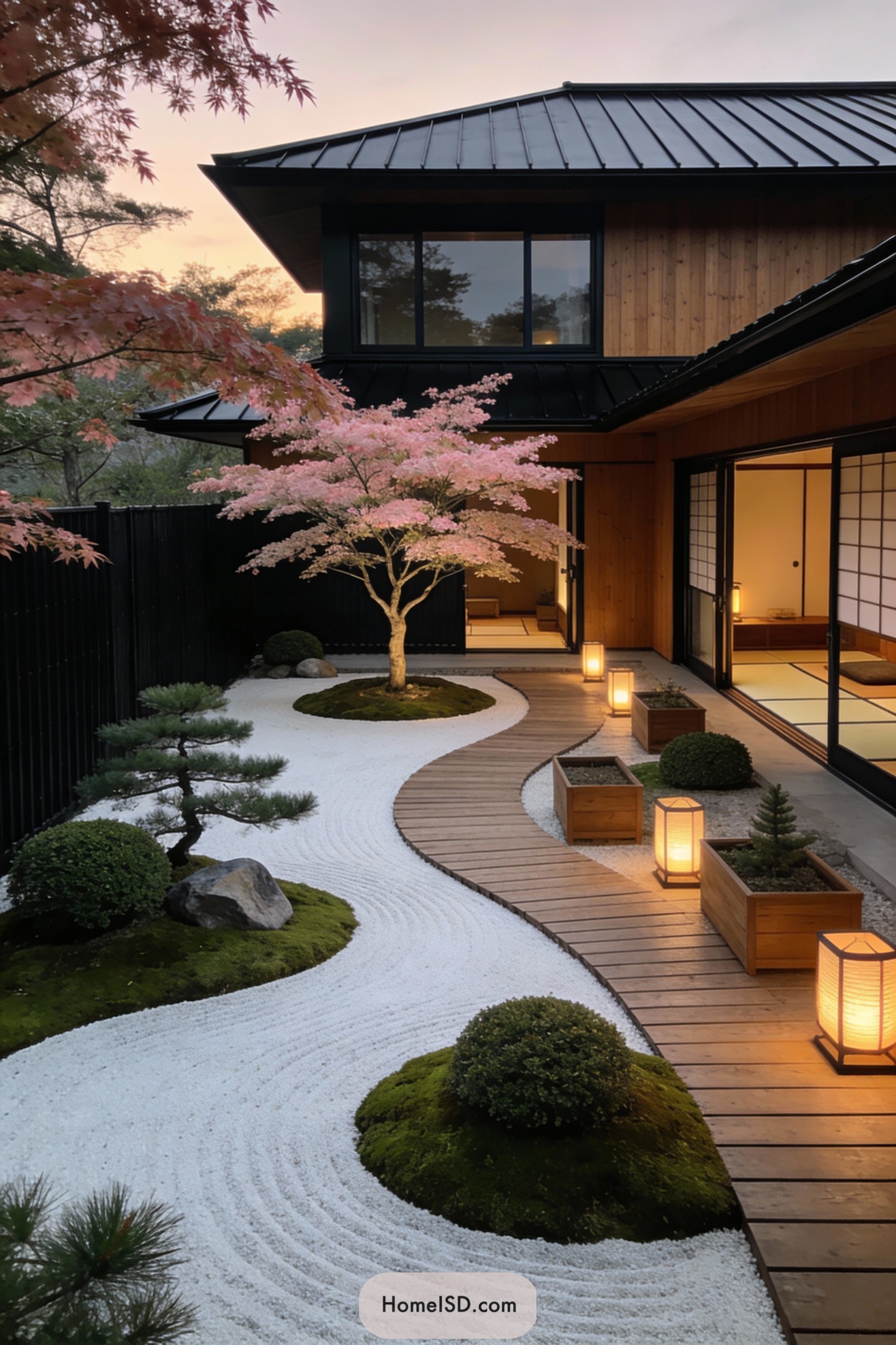 Twilight Japanese courtyard with raked gravel, moss mounds, lanterns, and wooden path beside a home