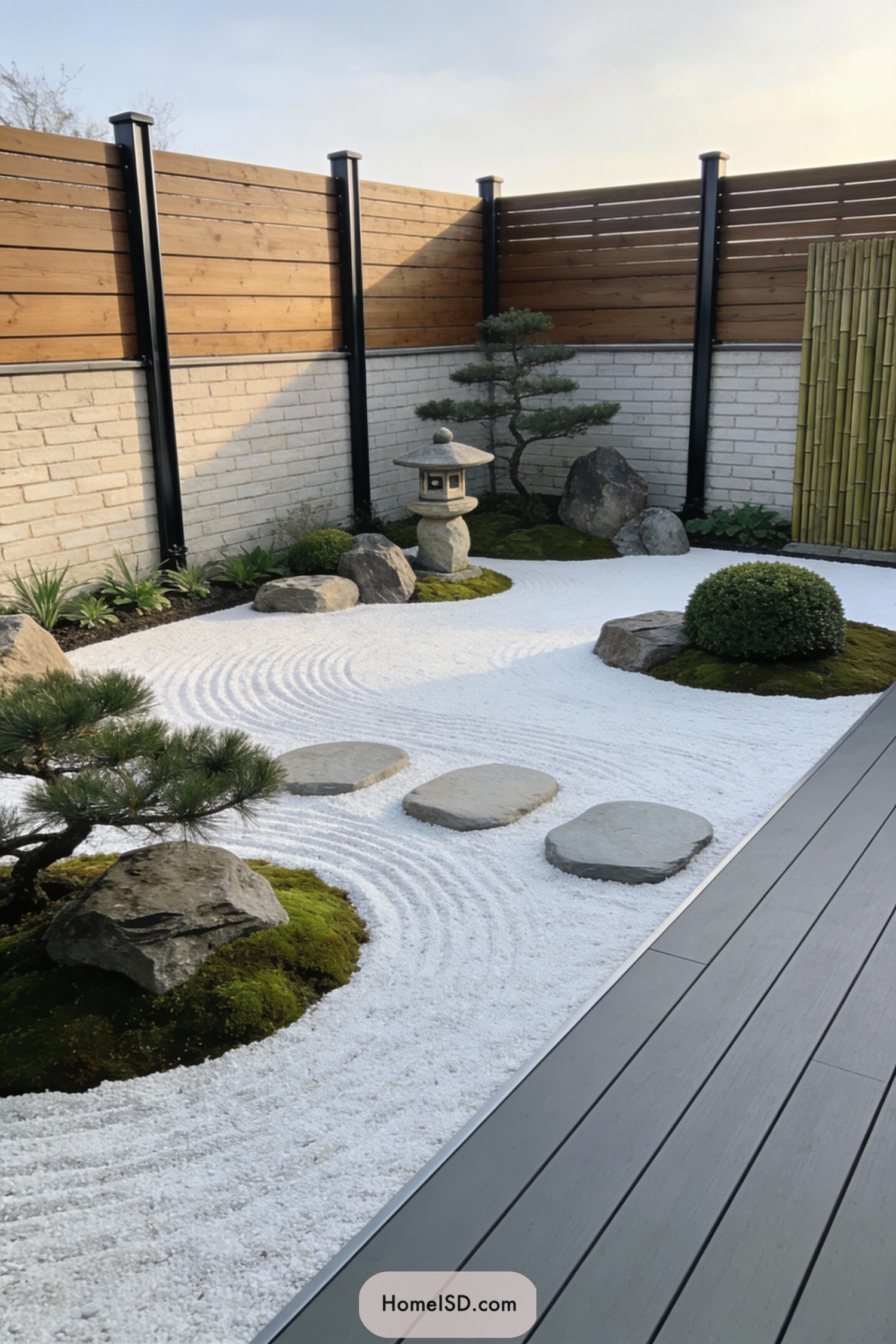 Compact zen courtyard with raked white gravel, stepping stones, rocks, and a stone lantern