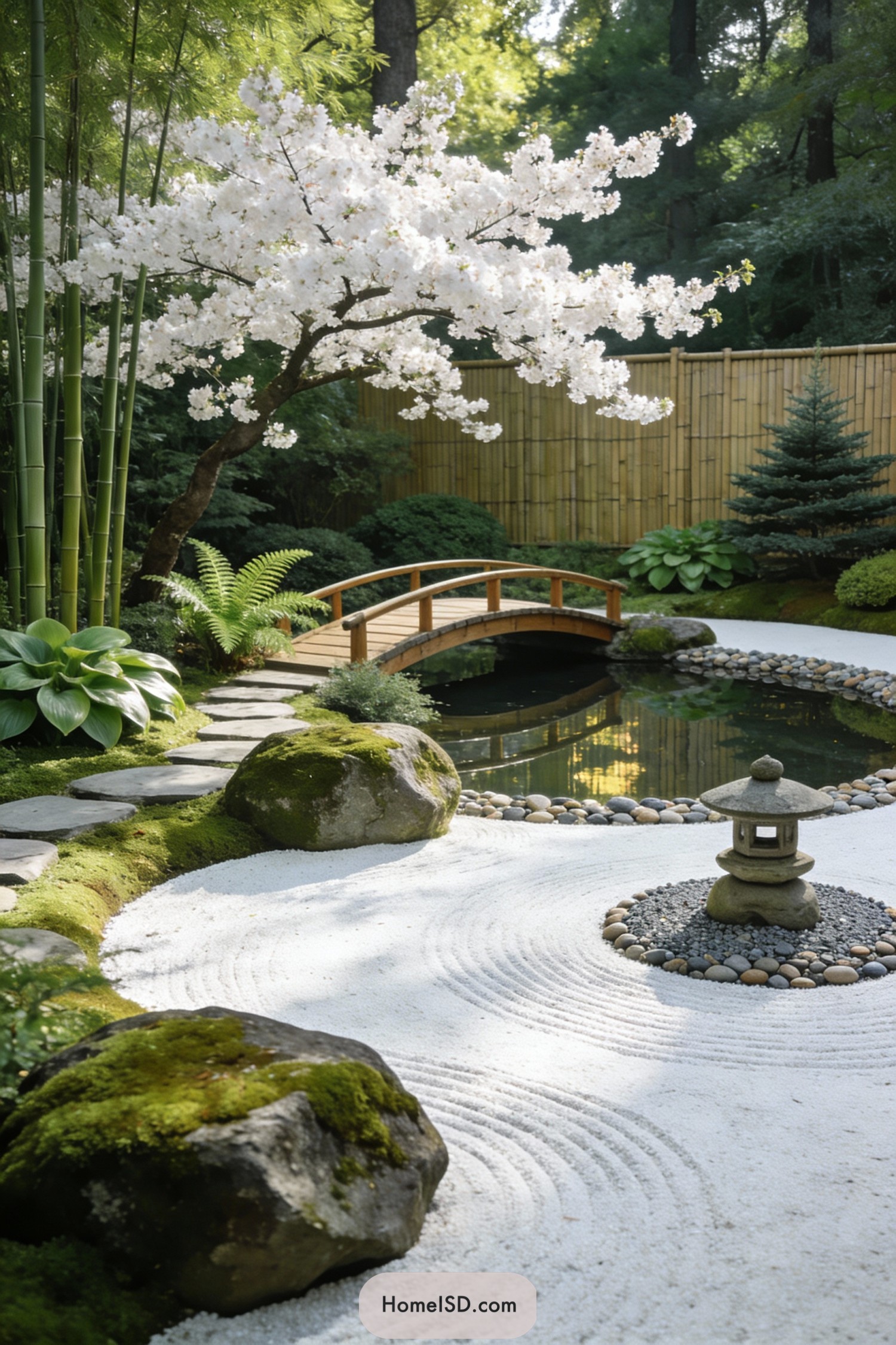 Zen garden with white gravel, cherry tree, arched wooden bridge, and reflective pond