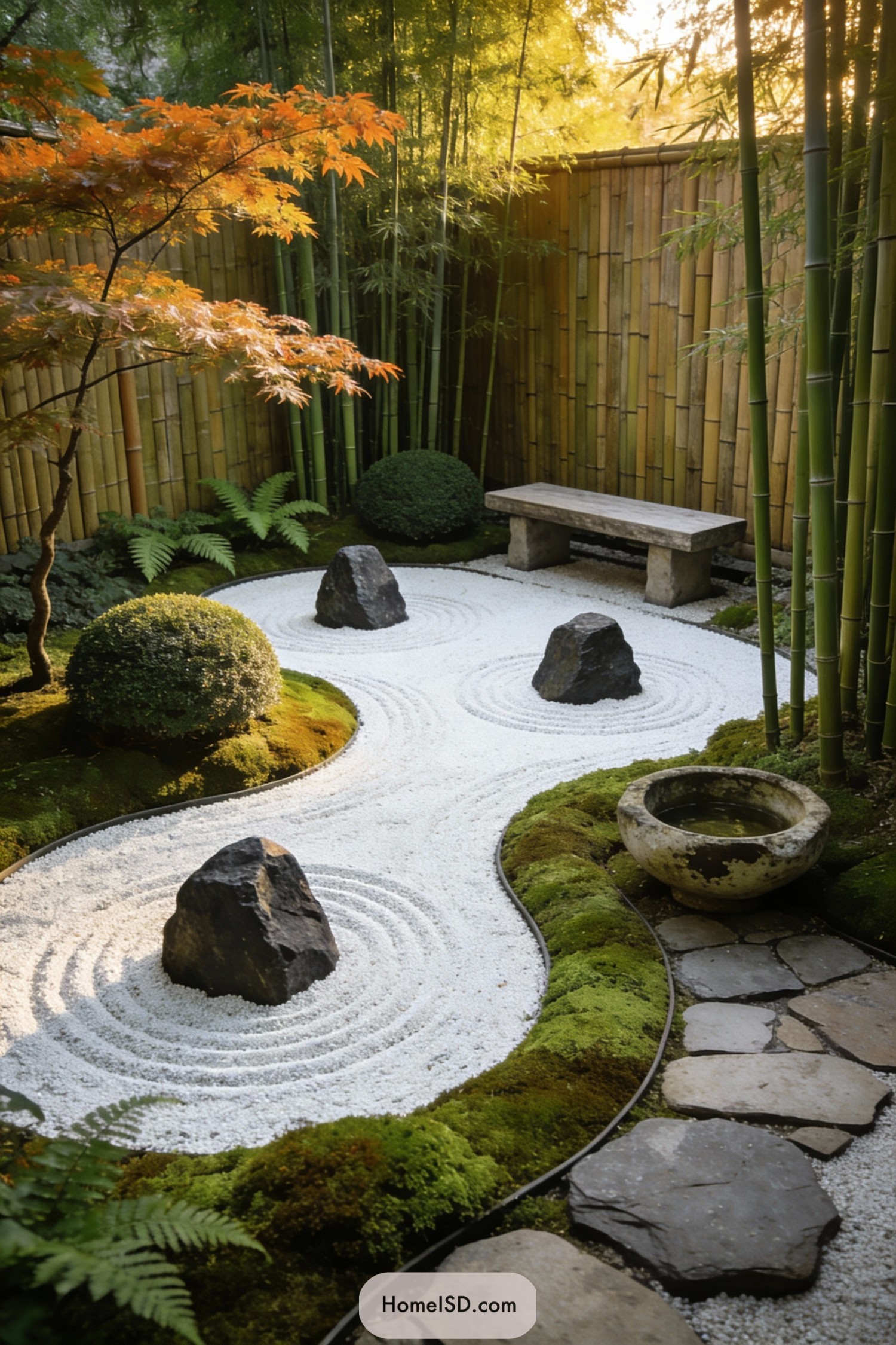 Compact bamboo courtyard with raked white gravel, moss mounds, stone bench, and standing rocks