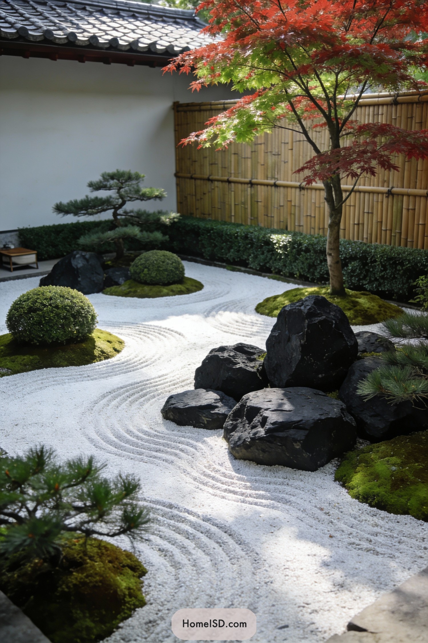 Compact zen courtyard with raked gravel, dark rocks, moss mounds, and a red maple tree