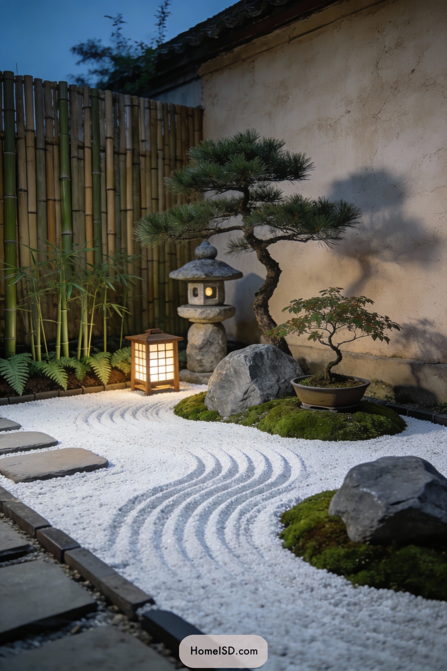 Small zen courtyard with raked white gravel, moss mounds, bonsai trees, stone lantern, and warm pathway lighting against a bamboo screen