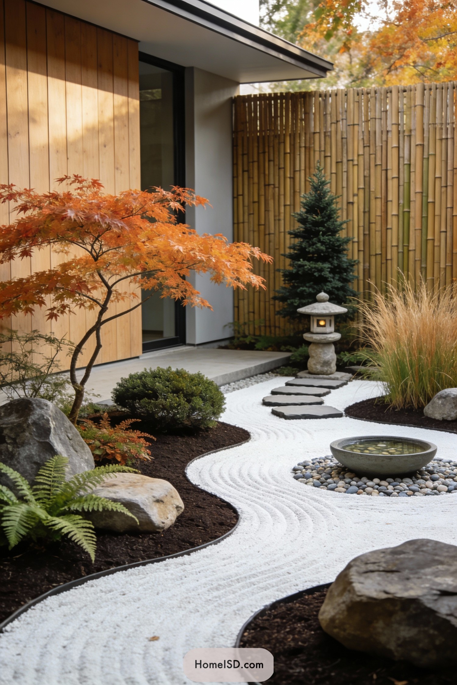 Modern side yard zen garden with raked white gravel, stones, maple tree, and bamboo fence