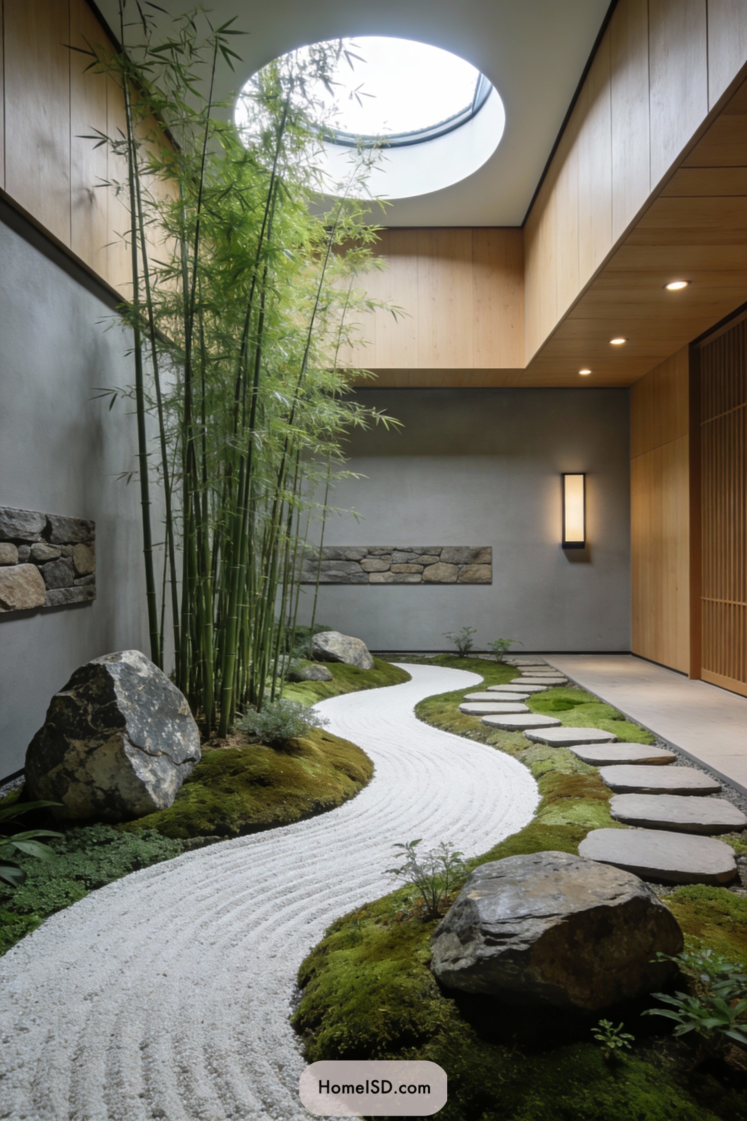 Indoor zen courtyard with bamboo, moss, and raked gravel path
