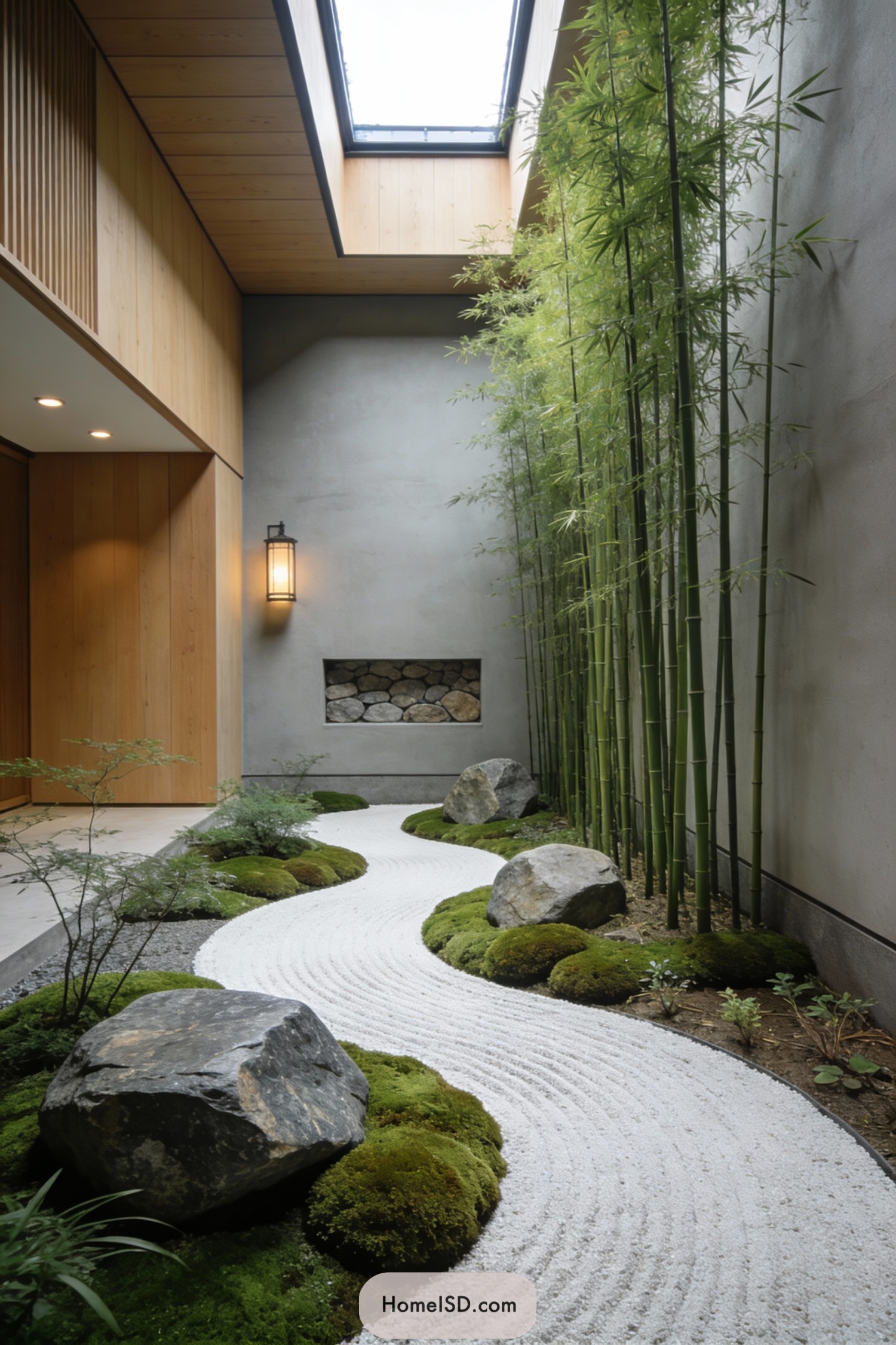 Narrow modern zen courtyard with tall bamboo, moss mounds, and a raked white gravel path beneath a skylight