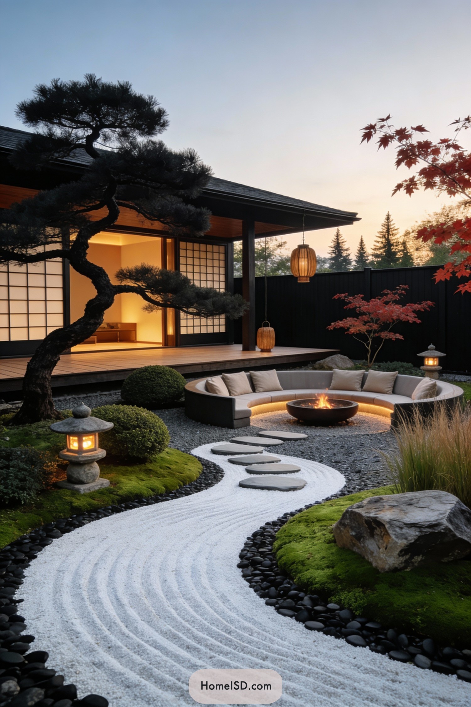 Modern zen courtyard with raked gravel path, moss mounds, circular sofa, and fire pit beside a shoji-style house at dusk