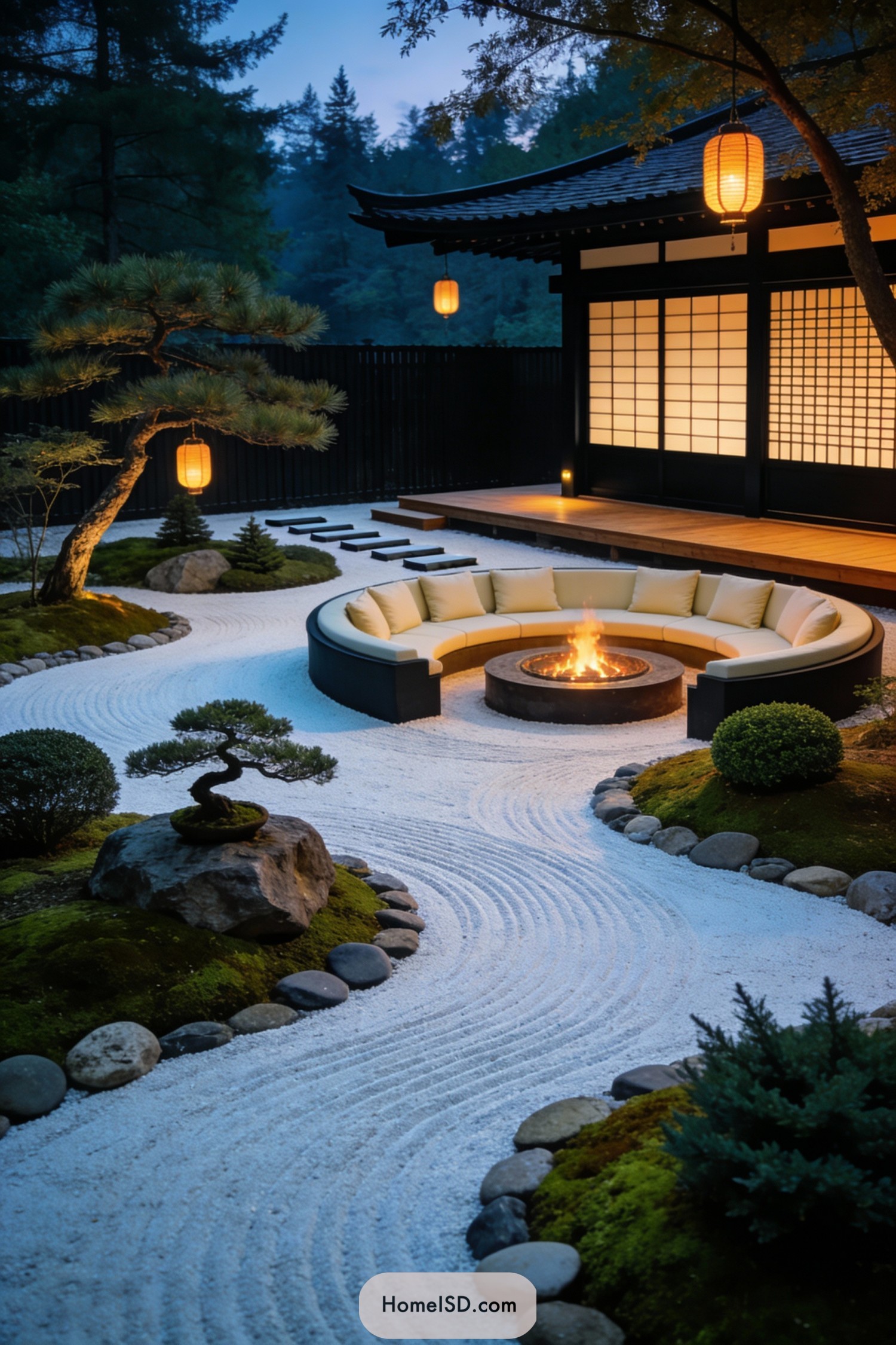 Modern circular fire pit in a raked gravel Japanese garden beside a lantern lit pavilion