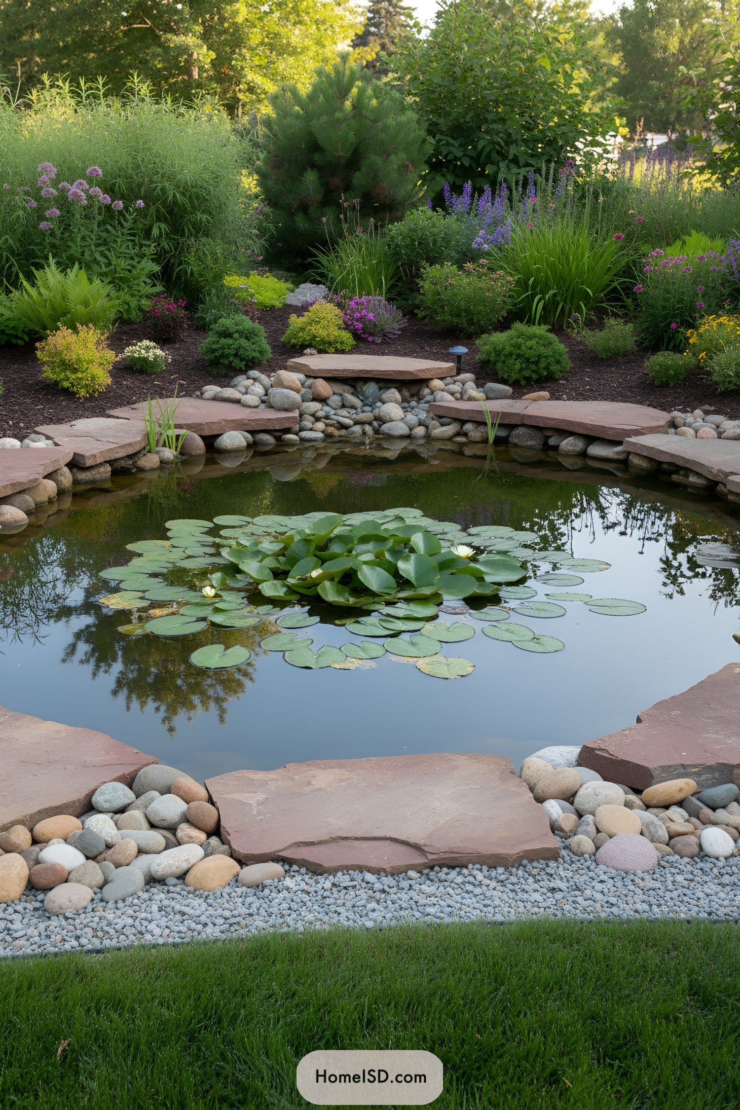 Round backyard pond with lilies and stone edging