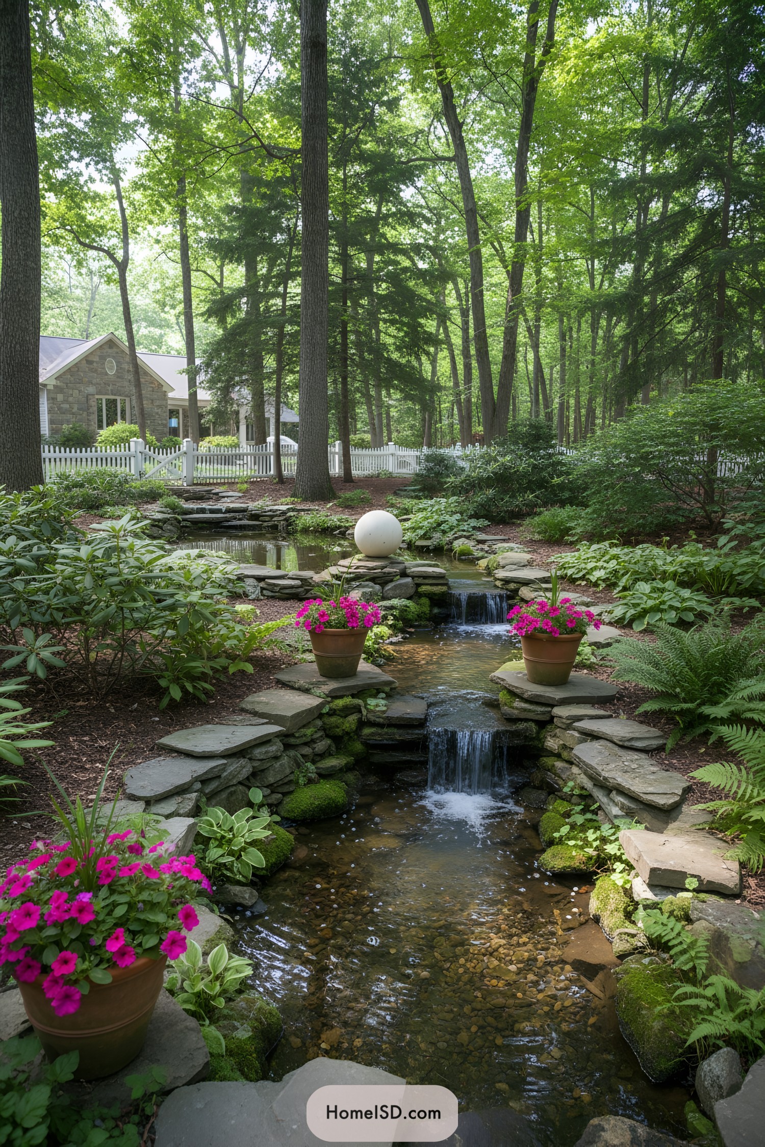 Tiered stone woodland pond with waterfalls
