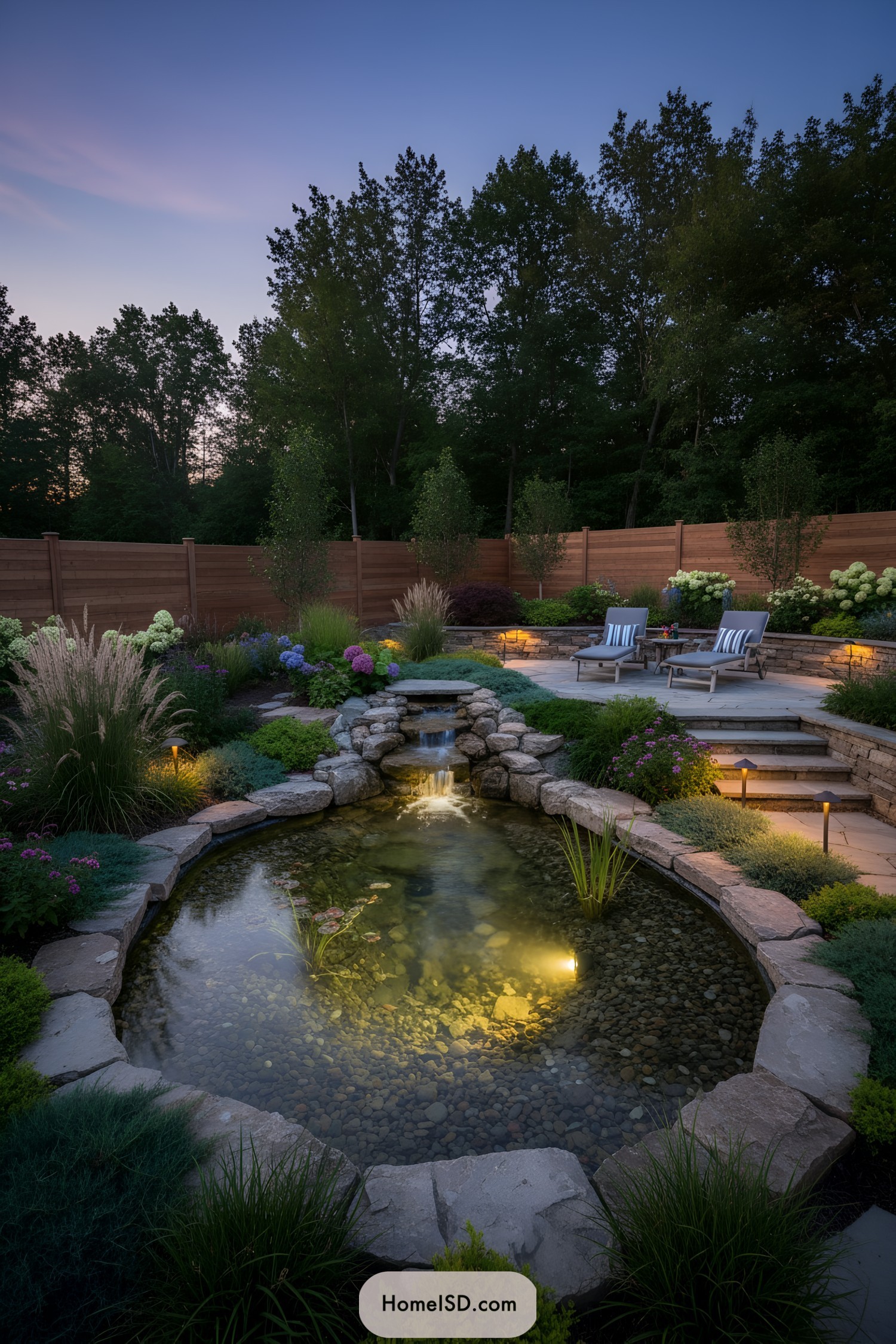 Night-lit backyard pond with stone waterfall and patio seating