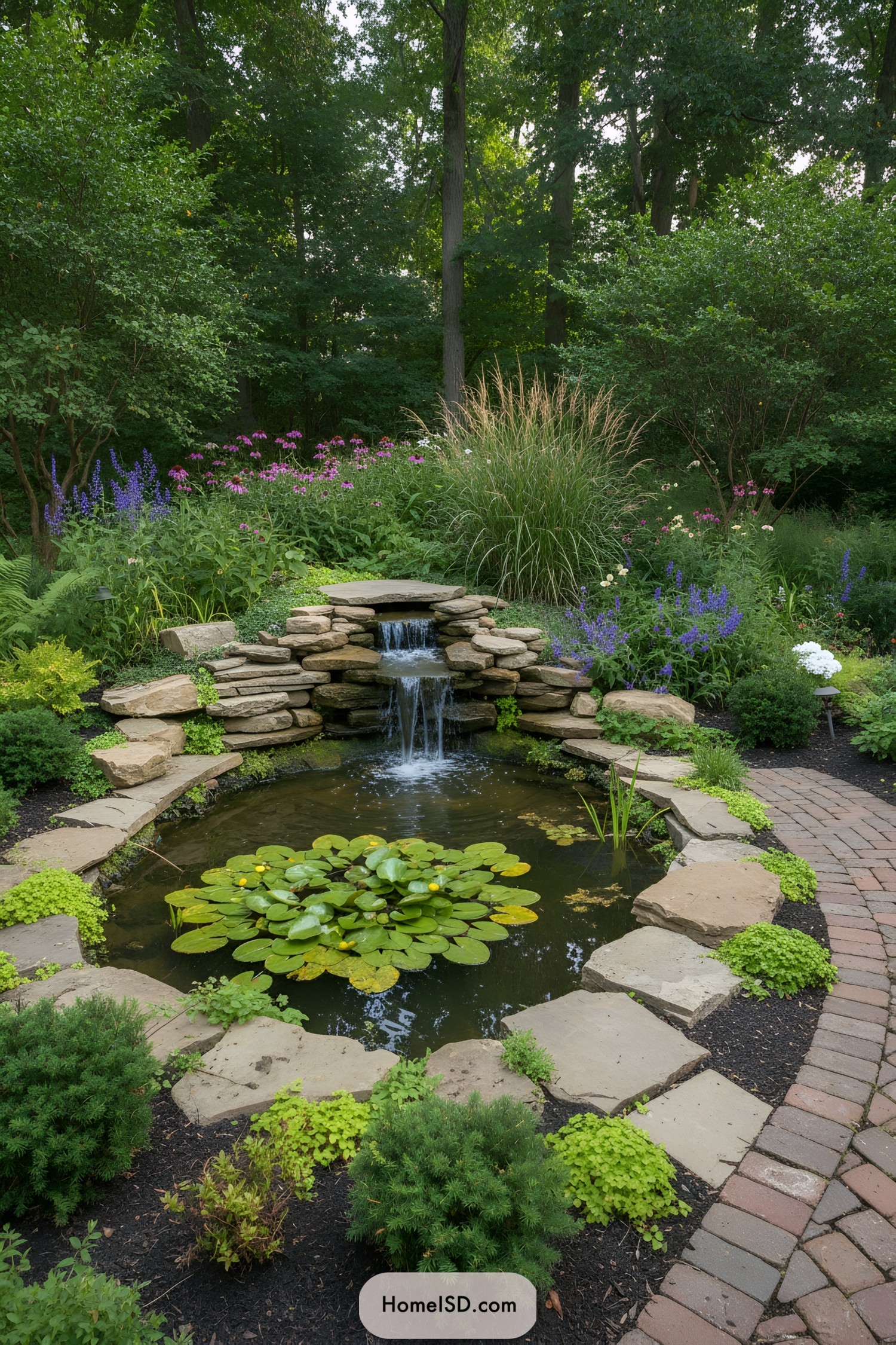 Circular backyard pond with stone waterfall and lily pads surrounded by brick path and lush plants