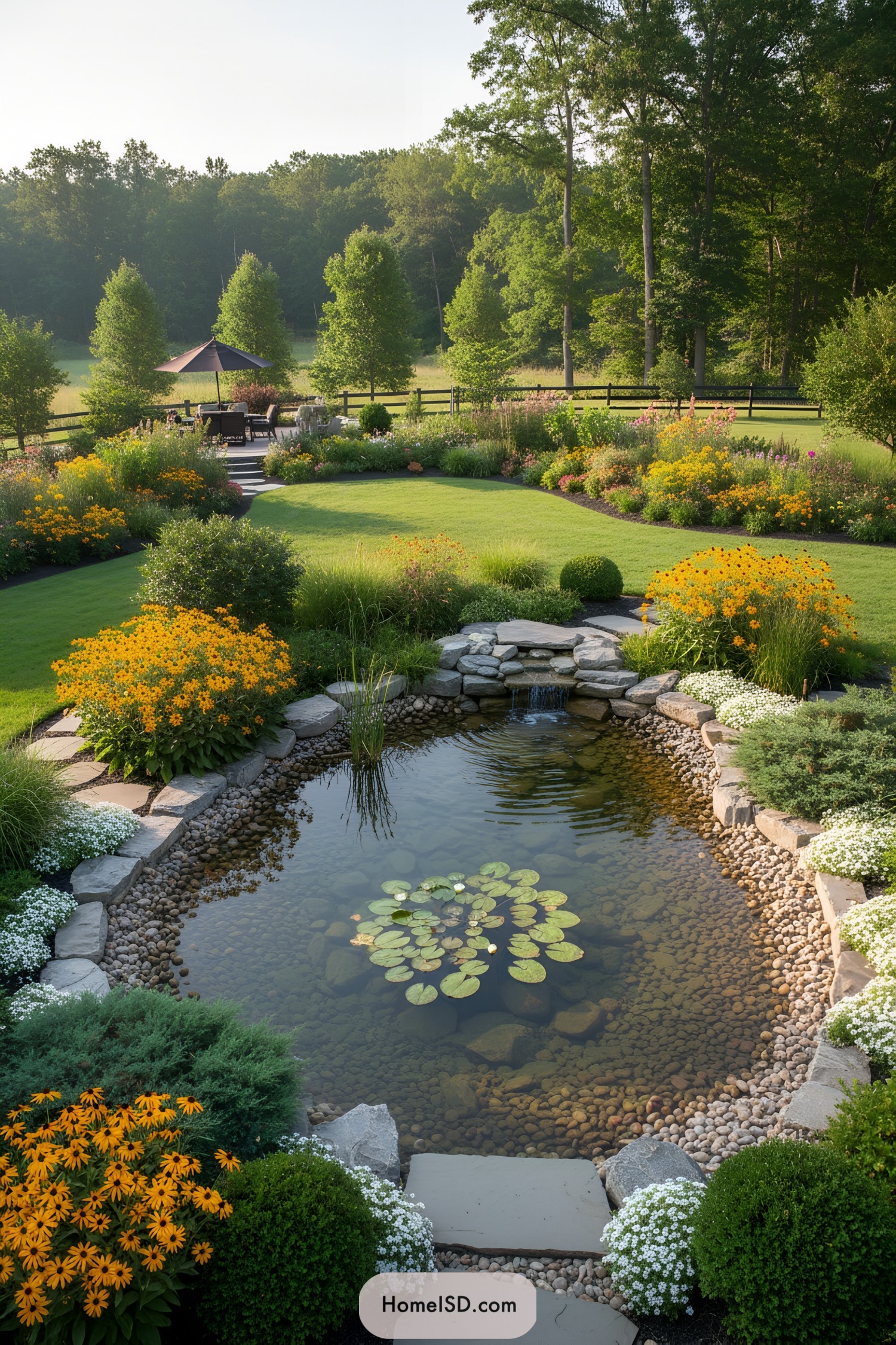 Backyard pond surrounded by colorful flower beds